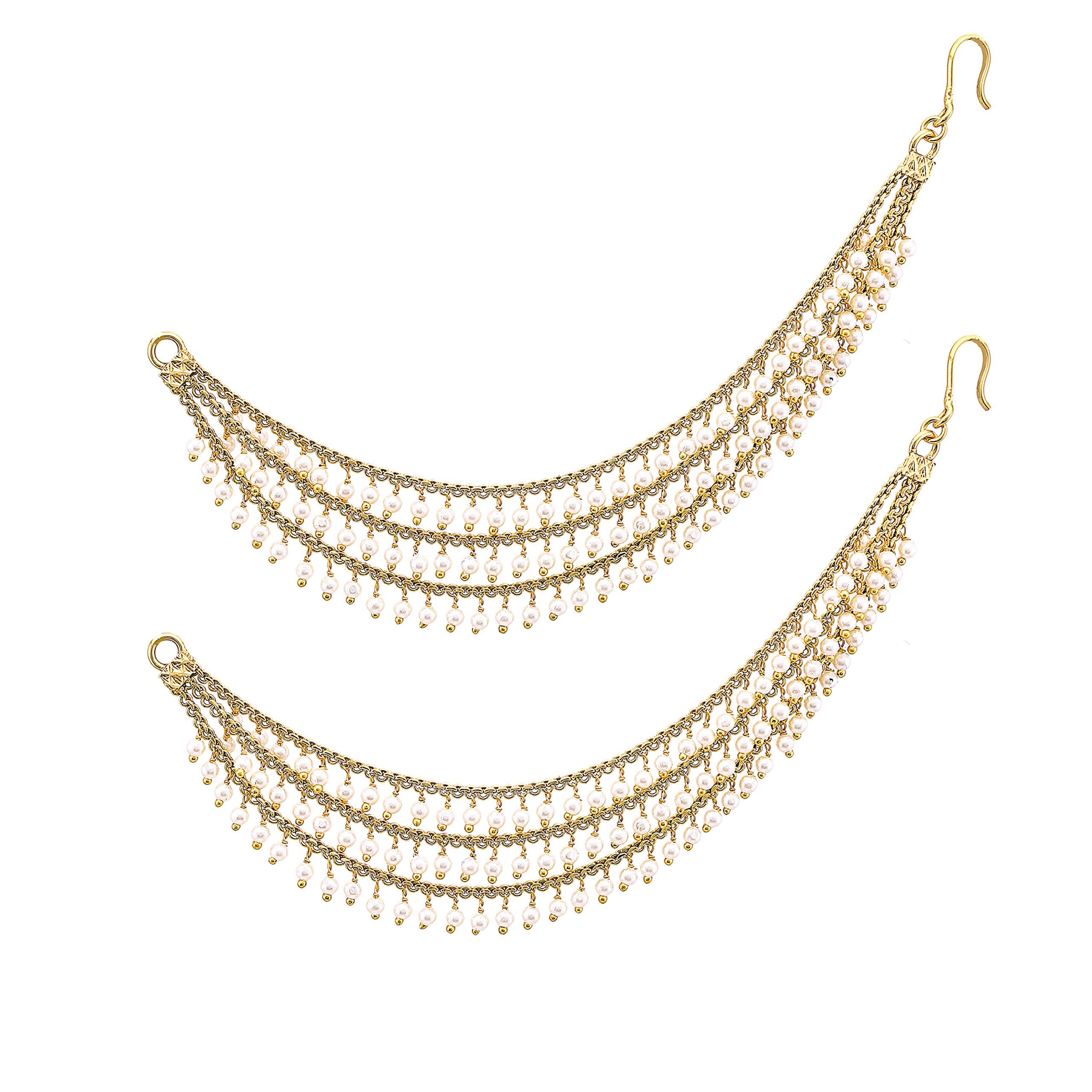 MEENAZ Traditional Temple Gold Plated Moti Bahubali Wedding Bridal Pearl Ear Chain Hair Accessories Jhumkas Jhumki Earrings for Women Support Stylish (Golden)