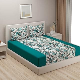 Swayam Pure Cotton Double Bedsheet with 2 Pillow Covers | Size 90 x 108 inch | 200 TC | Floral Design | Soft Breathable Bed Sheet | Comfortable & Durable for Bedroom - Teal