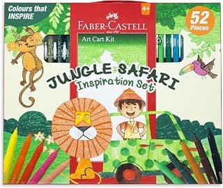 Faber-Castell Art Cart Kit – Jungle Safari | 52-Piece Creative Art Set for Kids | Includes Crayons, Connector pens, Oil Pastels & More | Ideal for School & Home Crafts