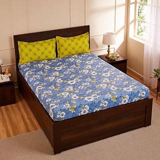 Amazon Brand - Solimo Floral Repose 144 TC 100% Cotton Double Bedsheet with Two Pillow Covers, Soft and Smooth (Floral, Blue and Green), 144 TC