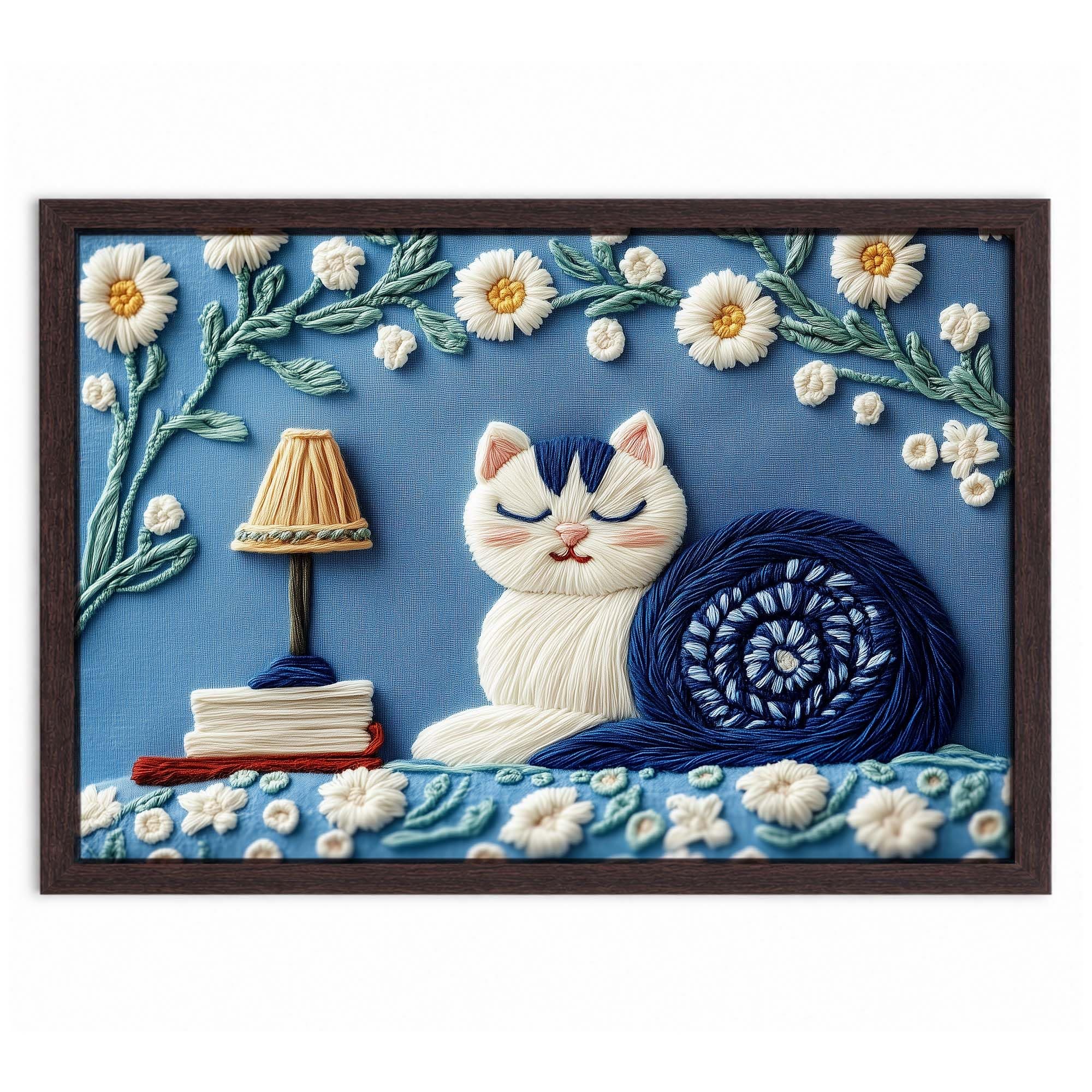 DREAMY KITTEN NOOK - PAPER PAJAMA - Cute Sleeping Cat with Yarn Ball and Floral Embroidery Inspired Framed Wall Art | Cozy Whimsical Pet Illustration - 10x13 Inches