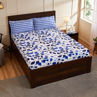 Amazon Brand - Solimo Leafy Spring 144 TC 100% Cotton Double Bedsheet with 2 Pillow Covers, Blue, 144 TC