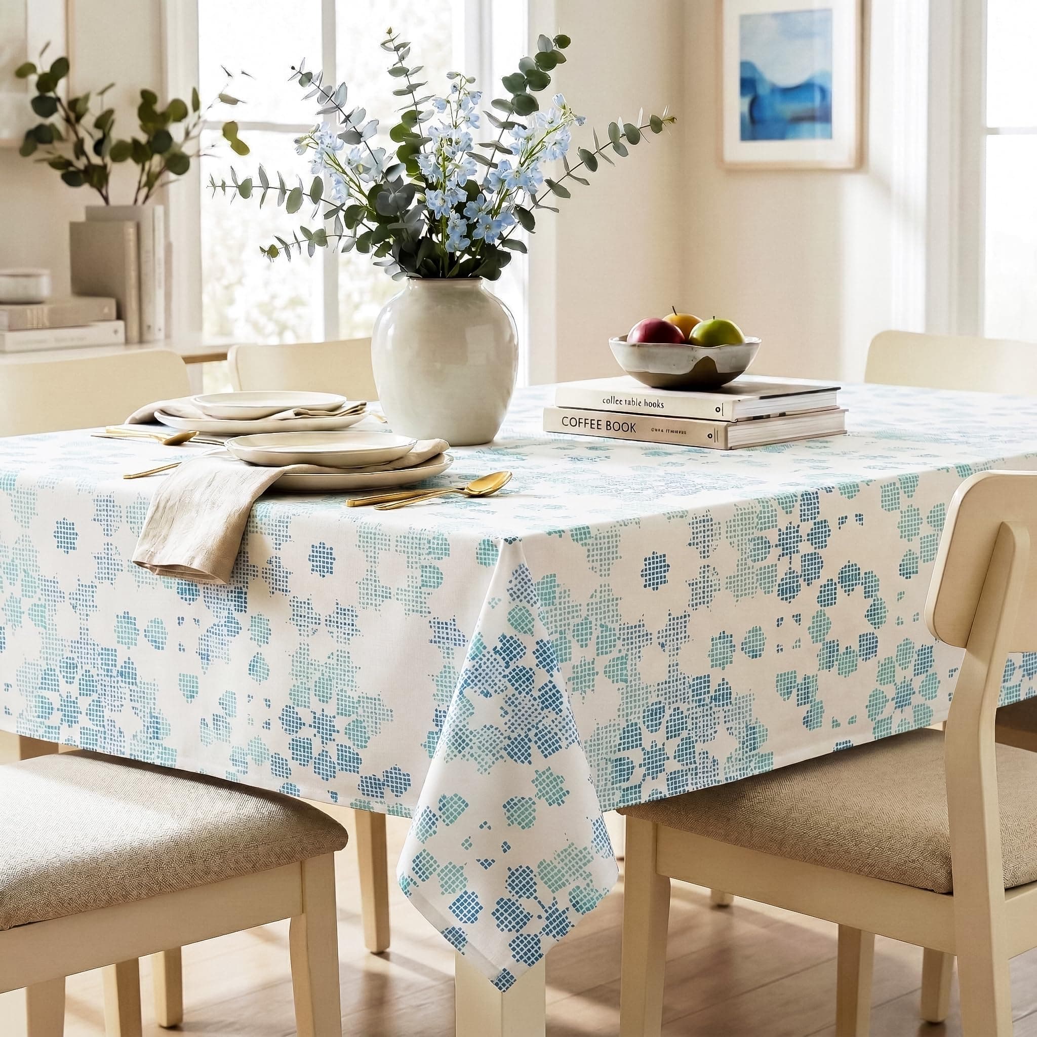 RUSTIQUE LINENS Printed Cotton Table Cloth 4 Seater – Dining Table Cover Cloth, Washable Table Cloth for Dining Table – 150 x 150 CM - Ocean Pixel