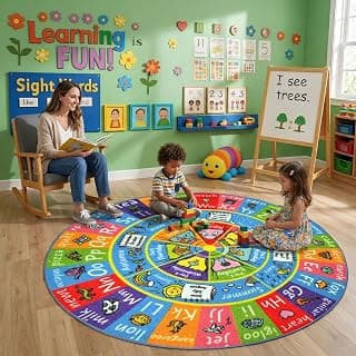 KC Cubs Playtime Collection ABC Alphabet, Seasons, Months and Days of The Week Educational Learning & Game Round Circle Area Rug Carpet for Kids and Children Bedrooms and Playroom