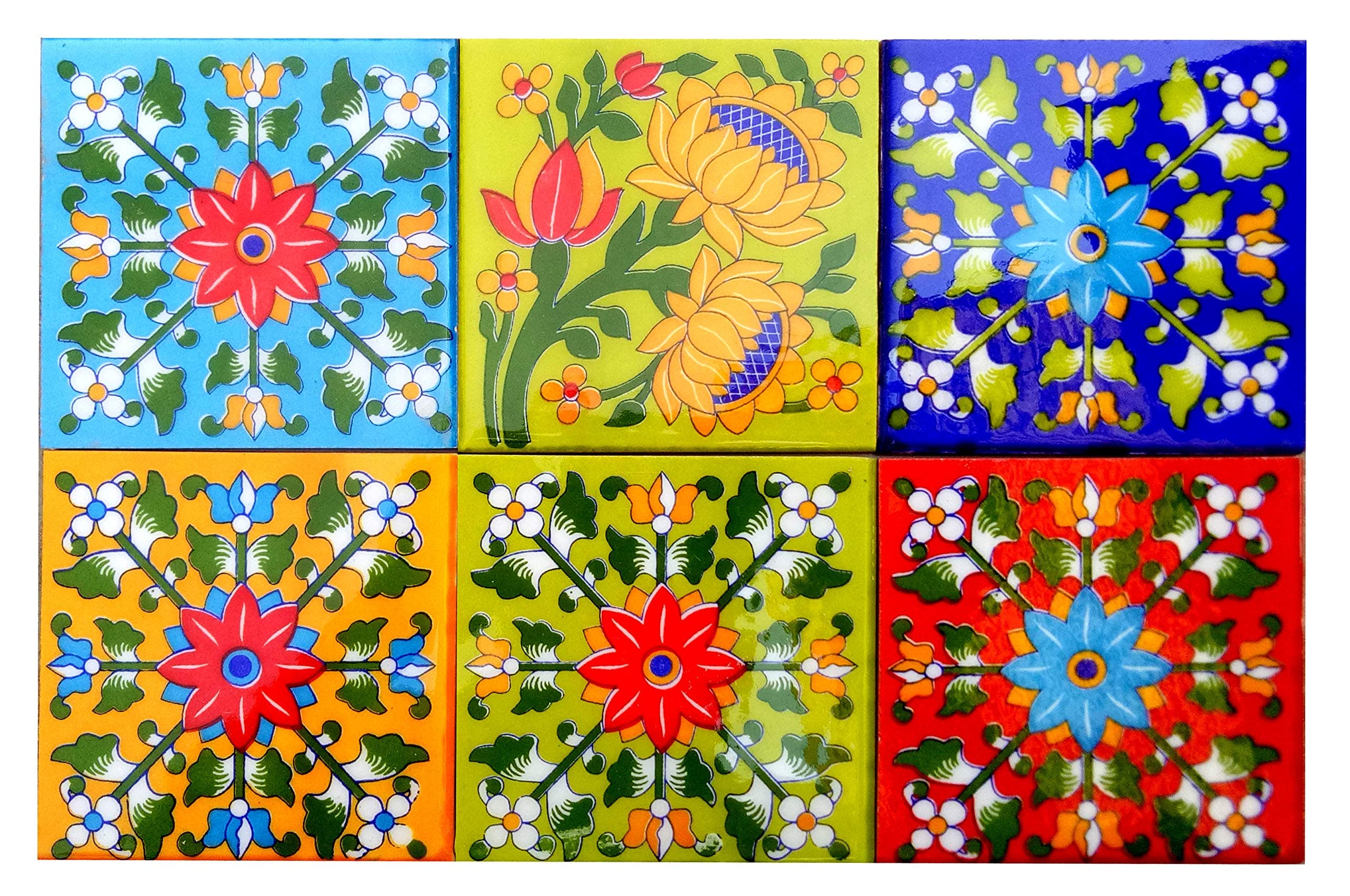 Shiv Kripa Blue Pottery Home Decor Ceramic Wall Tile Flooring Tiles Designer Floral Kitchen Washroom Mosaic Furniture Tile Handmade Backsplash 4 x 4 Inch Pack of 6 Tiles (Multi)