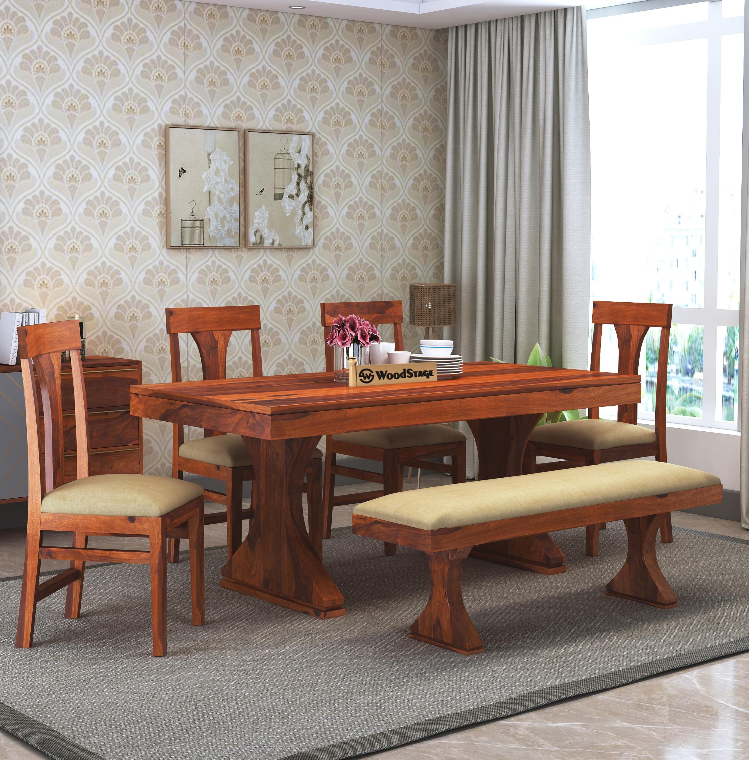 WOODSTAGE Sheesham Wood 6 Seater Dining Table with Cushioned Chairs and Bench for Living Room Wooden Dining Room Set for Home (Honey Finish)