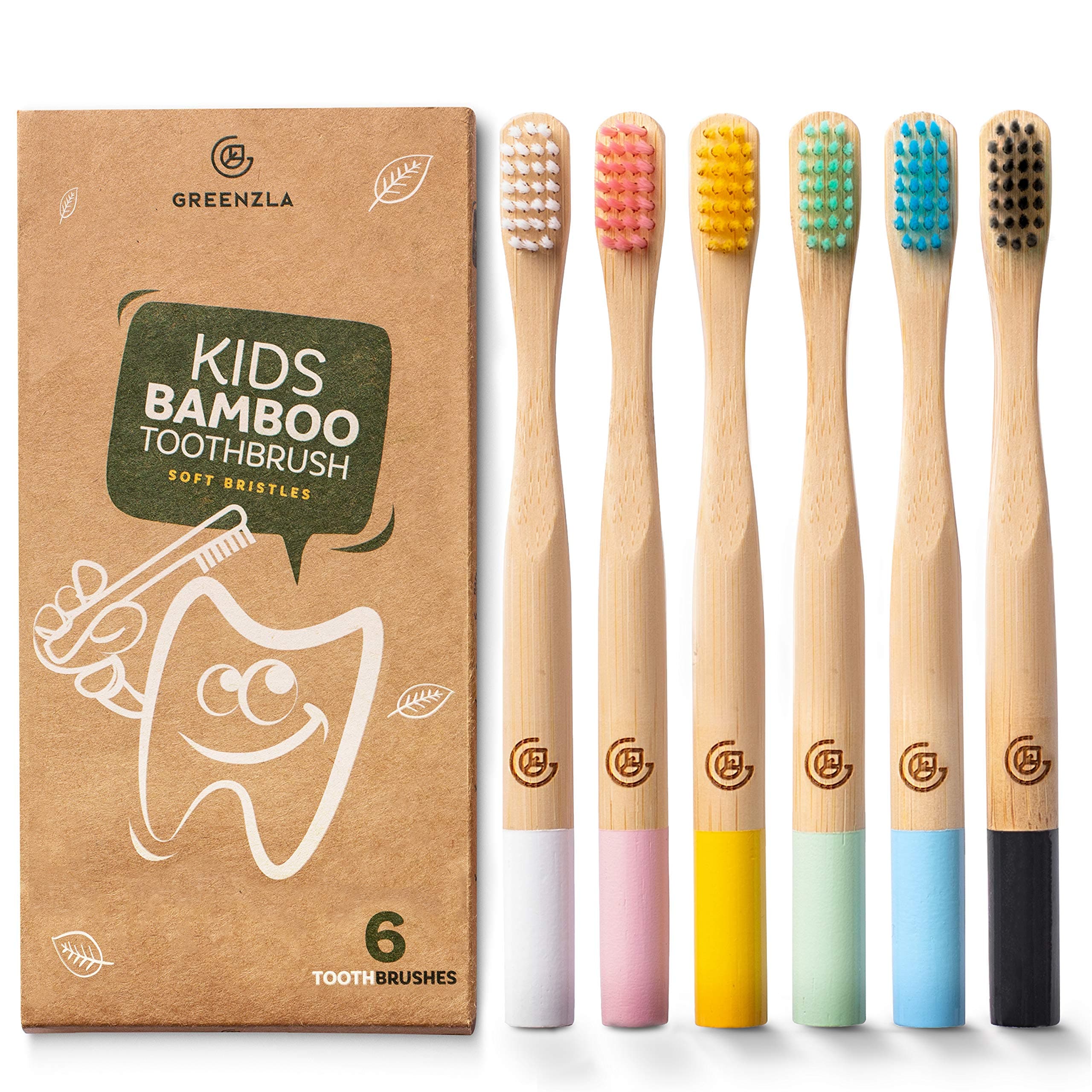GREENZLA Kids Bamboo Toothbrushes (6 Pack) | BPA Free Soft Bristles | Eco-Friendly, Natural Bamboo Toothbrush Set | Biodegradable, Compostable & Organic Charcoal Wooden Toothbrushes | Natural bamboo, biodegradable & compostable | Ergonomic toddler grip | 6 colors | Zero-waste