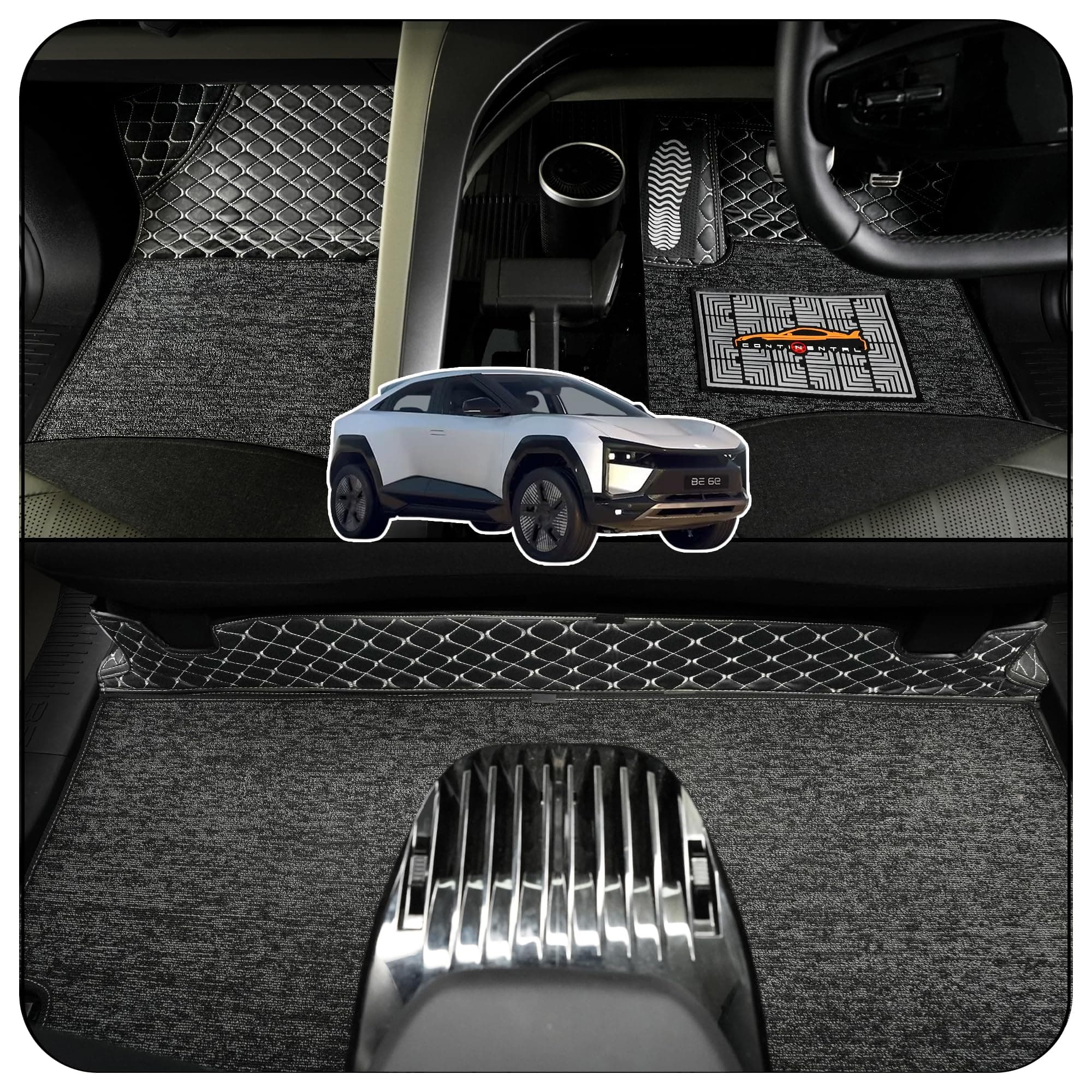 CONTINENTAL [Butterfly 7D Be6e Car Mats] Luxury 7D Car Floor Mats for BE6E (2025-2026) || Scratchproof & Waterproof BE6E 7D Car Mats || Color - Black & Silver