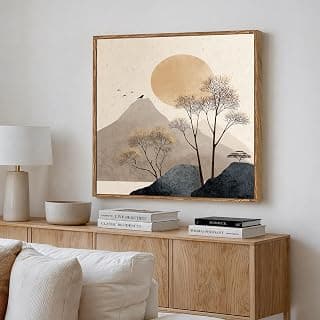 Boho Mountain Sun Landscape Framed Painting For Living Room | Japandi Abstract Landscape Large Canvas Painting With Frame Wall Art For Bedroom, Hallway's, Office, Hotel, Size 58x58 cm