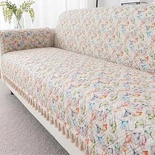 Story@Home Quilted Printed Velvet Sofa Cover with Tassels for 3 Seater |Full Protection for Sofa Seat, Back & Arms | Anti Slip 3 Seater Sofa Mat with 2 Armrest Cover - White & Multi Color