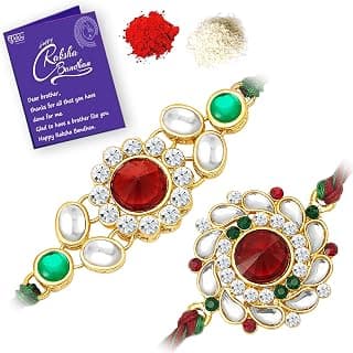 Sukkhi Rakhi for Brother Stylish Kundan Combo & Designer Gold Plated with Roli Chawal & Greeting Card Set of 2|CB73470