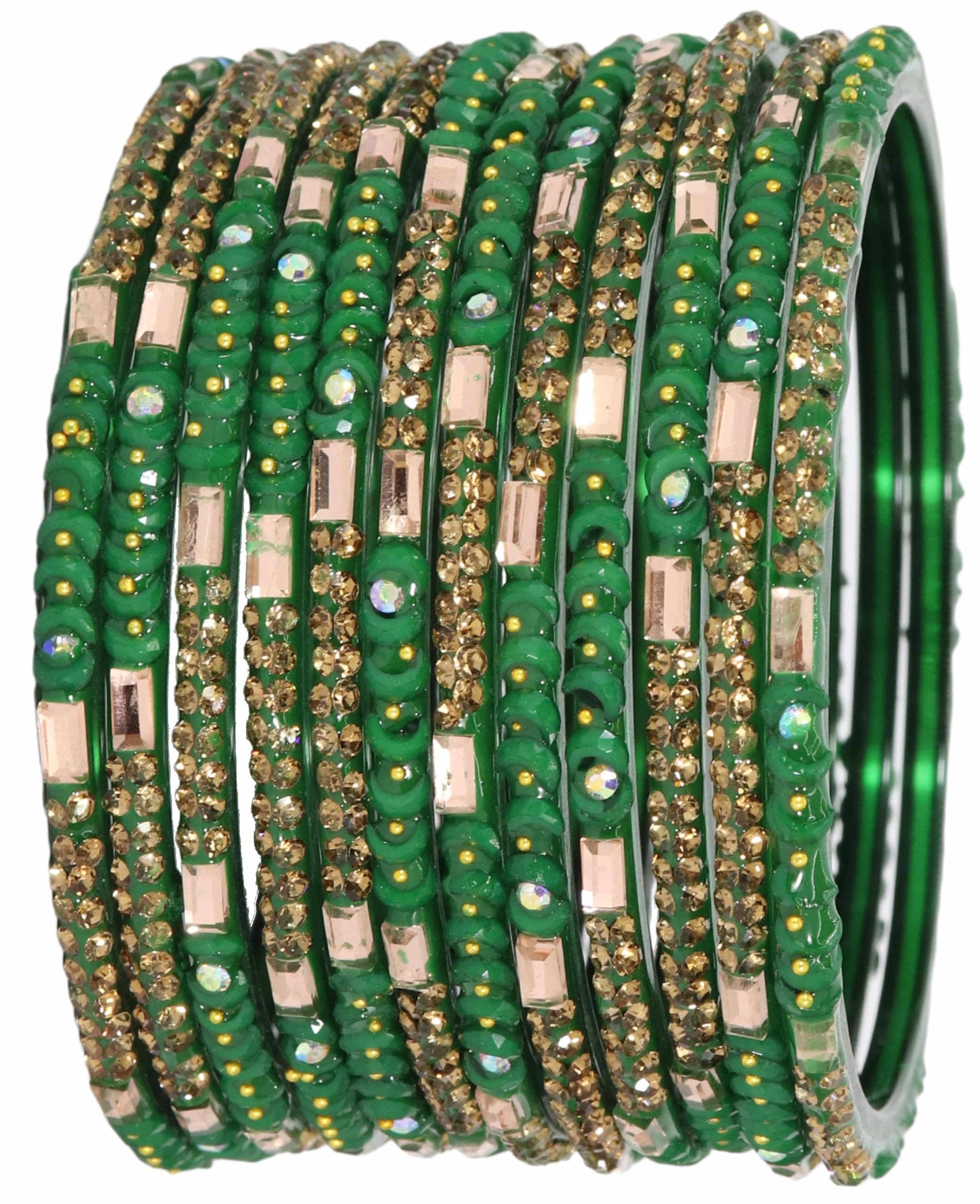 LAVAZZA Premium Glass Bangles Set with Golden Diamond Stone, Beads & Mirror For Women & Girls | Designer Fancy Chudi Set | Traditional Women's Glass Bangles | Fashion Jewellery- Set of 12