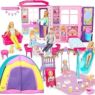 Style Shine Doll House Portable & Foldable Dollhouse w/ 60+ Pcs & 2 Dolls, Play House Toy with Bedroom Kitchen Furniture Camping Playset, Playhouse Birthday Gift for Girl Kid Toddler