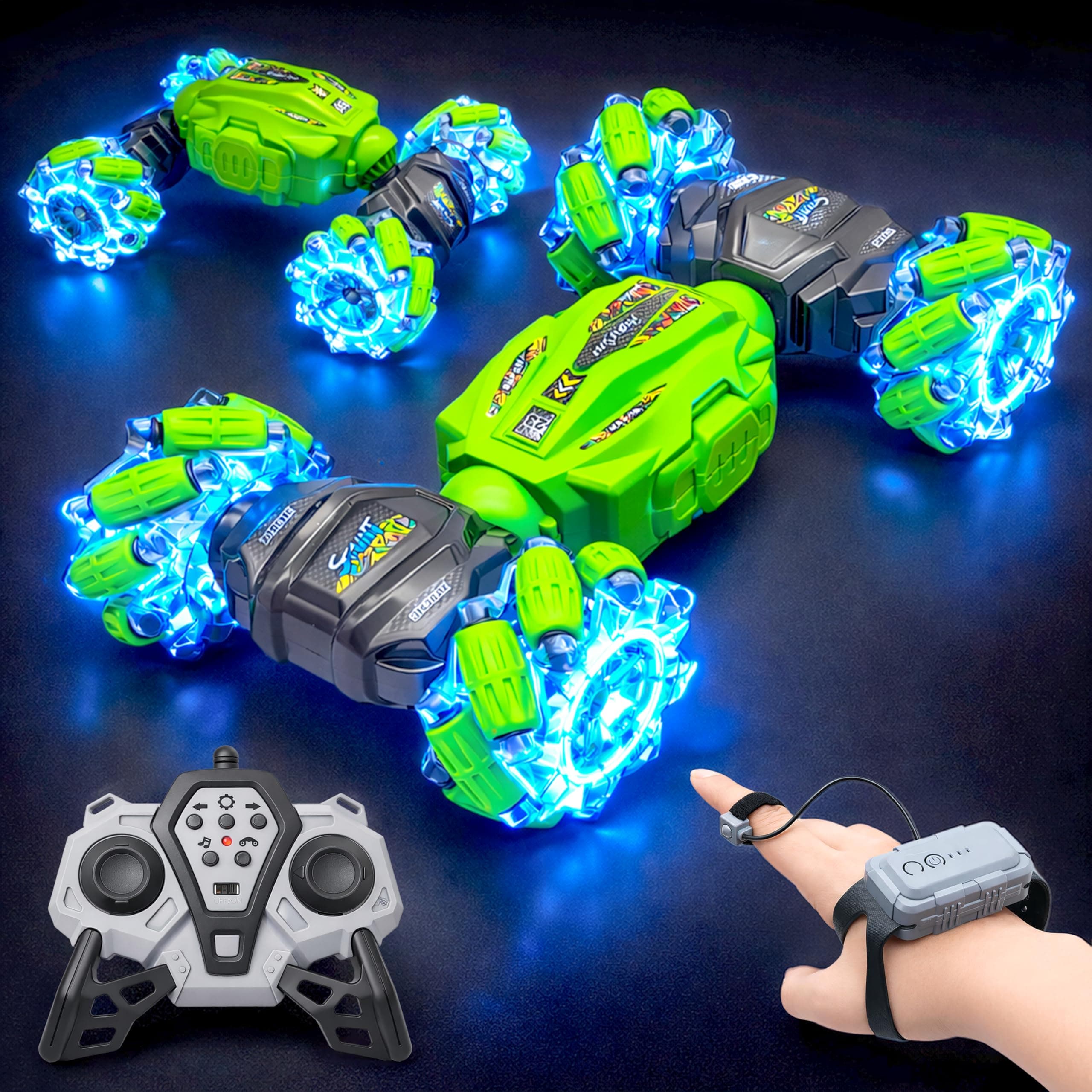 VGRASSP Dual Control Twisting Drift Stunt Car Toy for Kids with Remote Control and Gesture Wrist Controller - Rechargeable 360° Rotating RC Car Toy with LED Lights, Sound Effects - Green