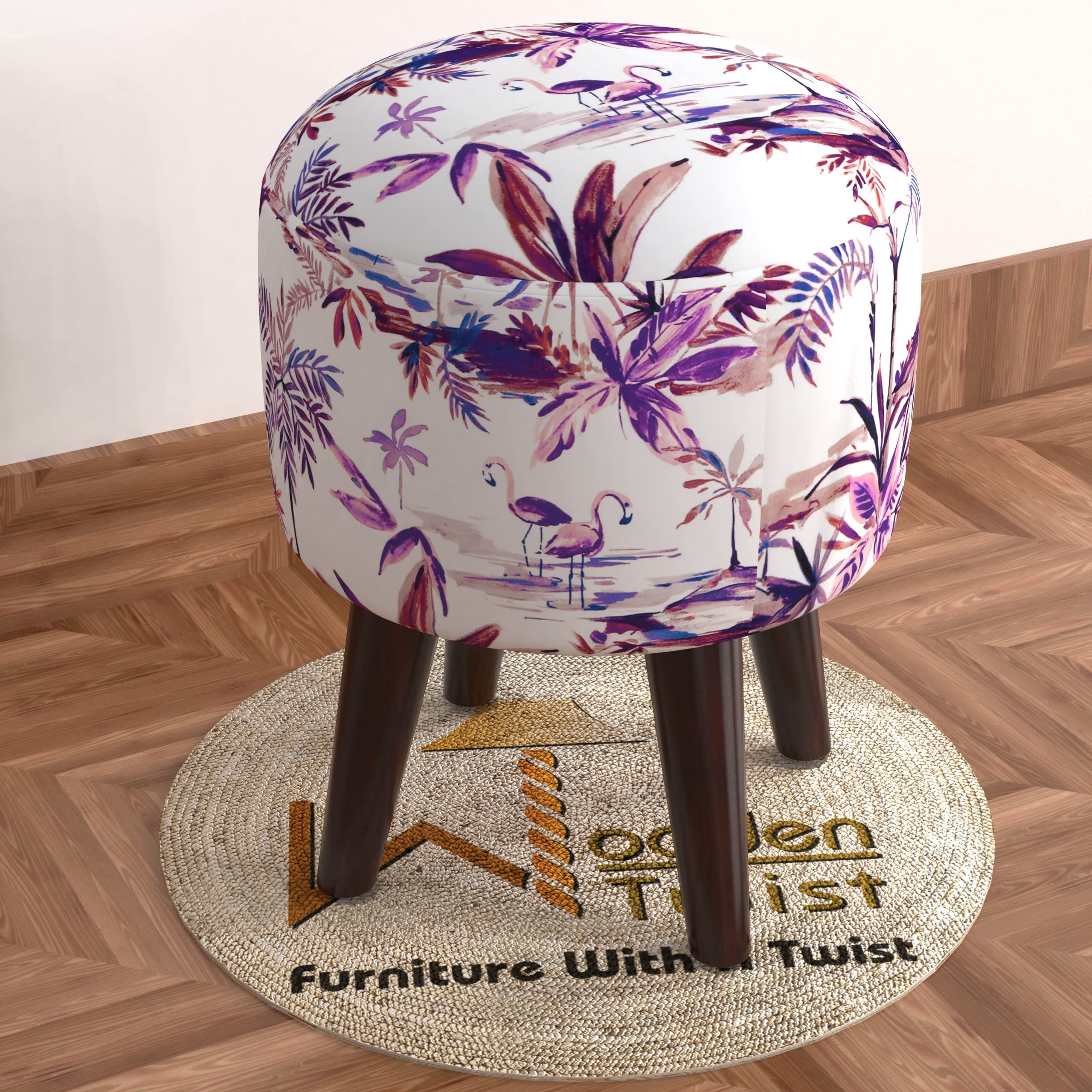 Wooden Twist Ottoman Stool for Living Room Set | Pouffes for Sitting Printed Ottoman | Foot Rest Ottoman stools with 4 Wooden Legs
