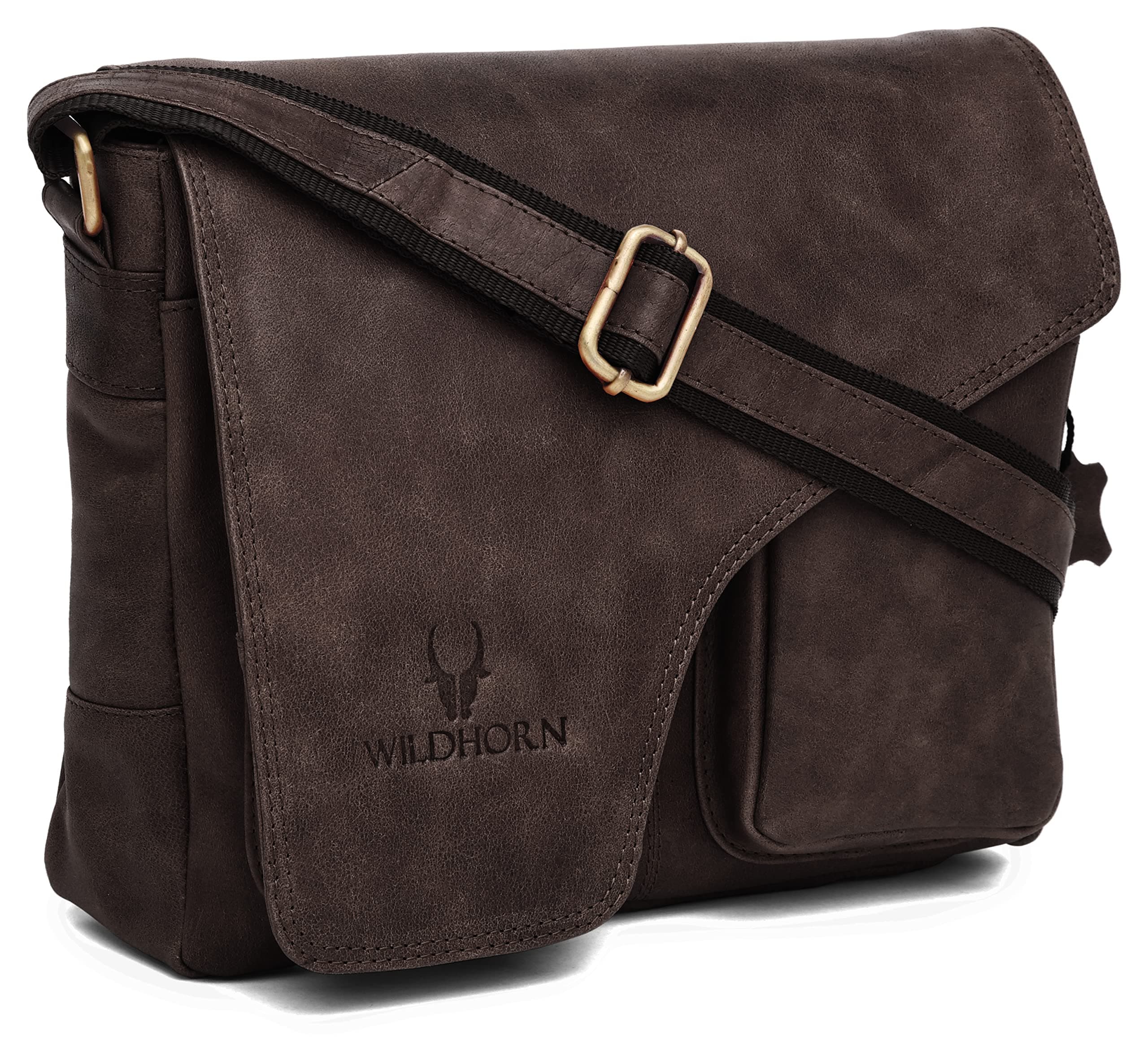 WildHorn Genuine Leather Messenger Bag for Men | Compact, Stylish & Durable | Flap Closure | Adjustable Strap | 1-Year Warranty