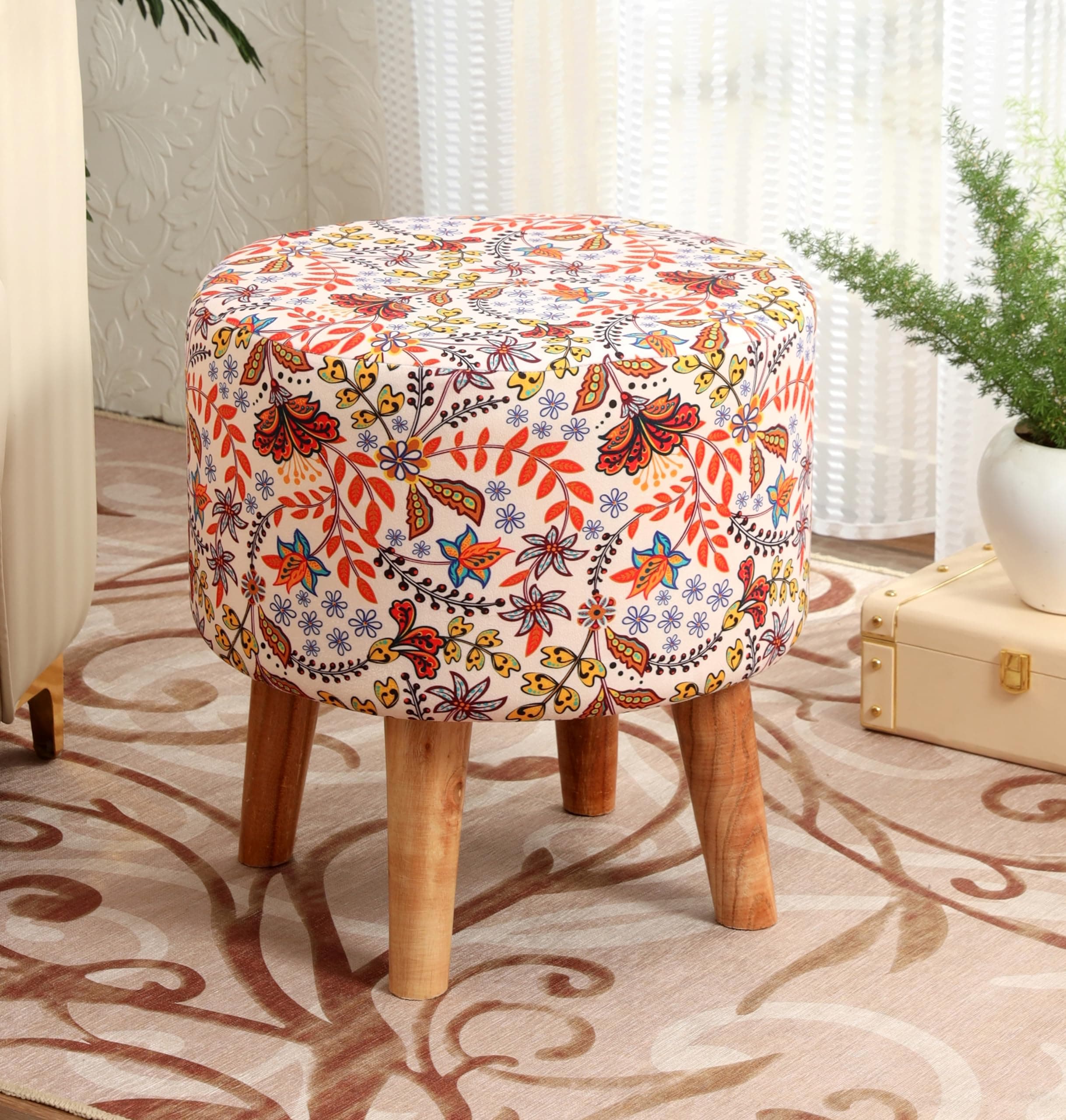 NACIA Printed Sitting Ottoman Stool (16X16X17 Inches) for Living Room, Bedroom | Wooden Pouffes for Sitting & Footrest | Puffy Foot Stool Furniture for Home Décor, (Cream, Coral)