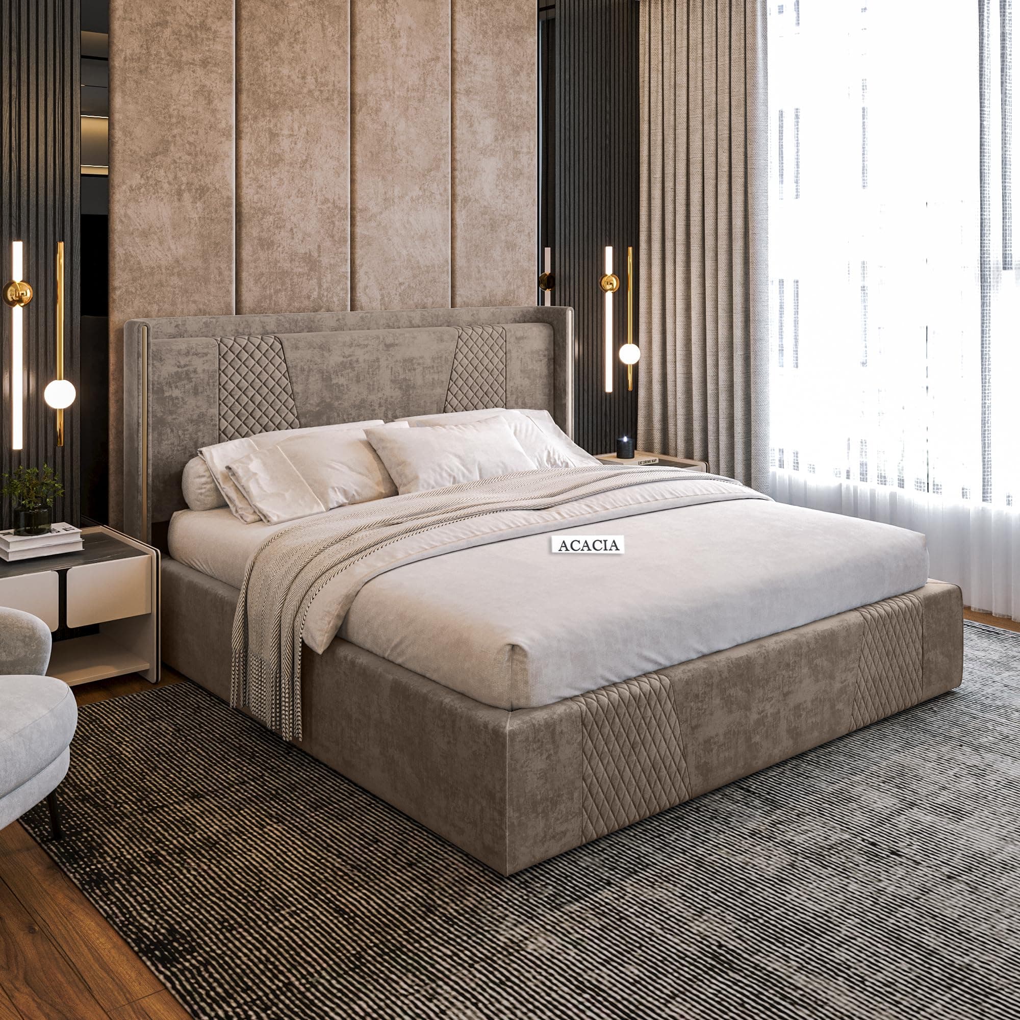 Acacia Modern Upholstered Bed Queen Size with Storage for Bedroom | Wooden Platform Double Cot Queen Size Bed with Box Storage for Hotels | Upholstery Premium Fabric | 6.5 x 5 Ft, Sheesham Wood, Fence