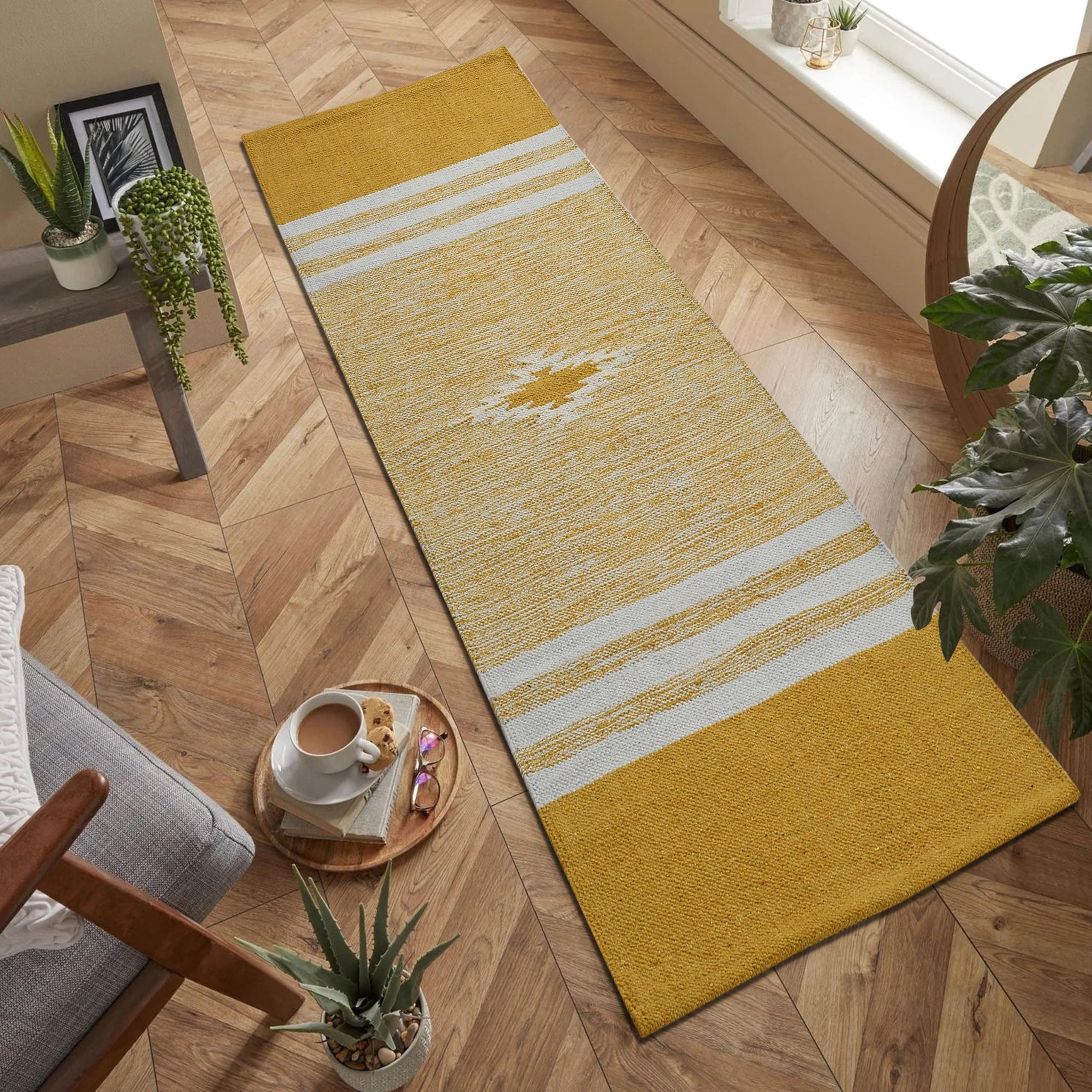 ALSTONIA Hand Woven 100% Natural Cotton Export Quality Designer Rug,Carpet, Bed Side Runner for Bedroom,Living Room, Size-2x5 feet (Yellow Cut Shutle)