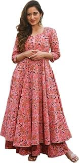Arayna Women's Cotton Printed Anarkali Kurti with Palazzo Pants Set, Floral