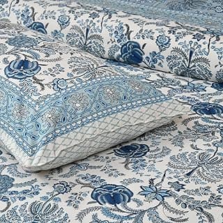 Urban Jaipur 100% Cotton Queen Size Bedsheet for Double Bed (90 x 108 Inches) | 210 TC Bed Sheet Double Bed Cotton | Floral Print (Blue)