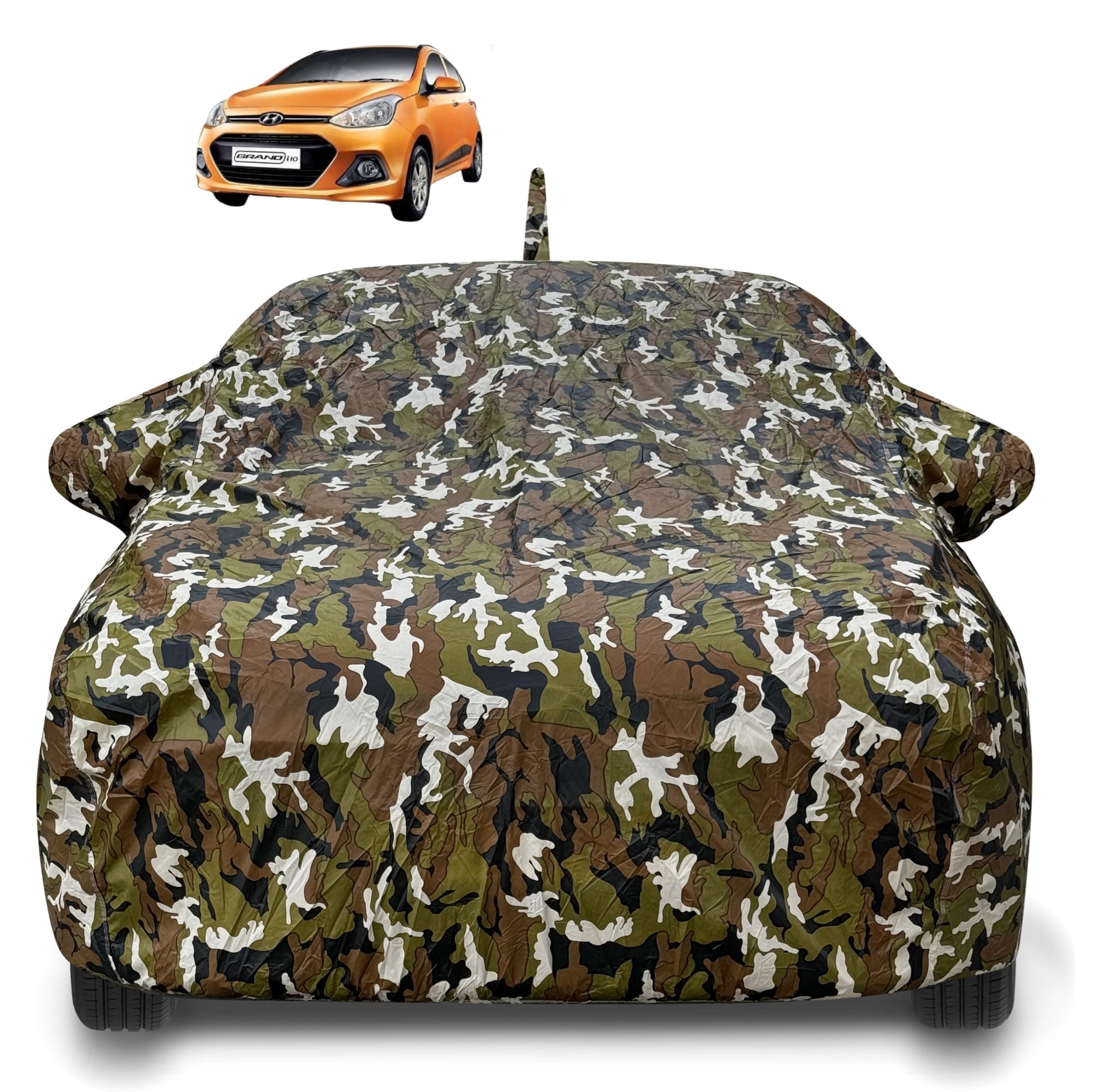 Auto Hub Waterproof Car Cover Compatible with Hyundai Grand i10 with Antenna & Mirror Pockets, Soft Cotton Lining, Grand i10 Car Cover Waterproof, Army, Multicolour