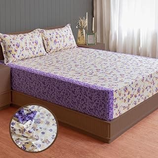 Swayam Pure Cotton King Fitted Bedsheet with 2 Pillow Covers | Size 72 x 78 x 10 inch | 160 TC | Floral Design | Soft Breathable Bed Sheet | Comfortable & Durable for Bedroom - Cream & Purple