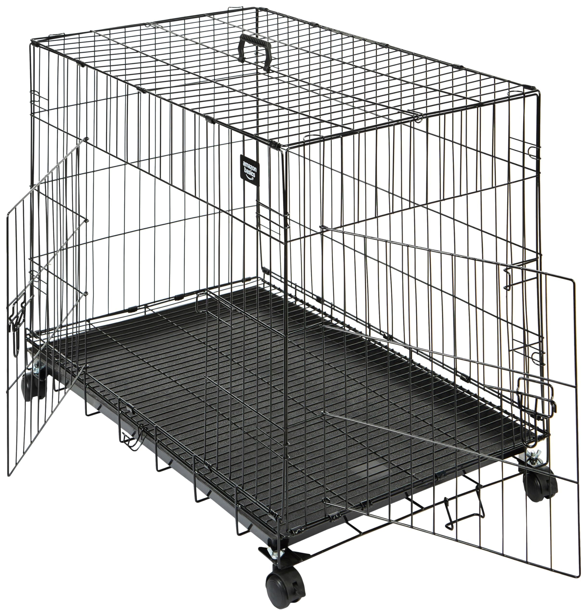 Amazon Basics 36 Inch Metal Pet Crate with Lockable Wheels | Black | Foldable Cage with Secure Lock | Removable Tray for Easy Cleaning | 1 Level | Ideal for Dogs & Cats,Medium, Small