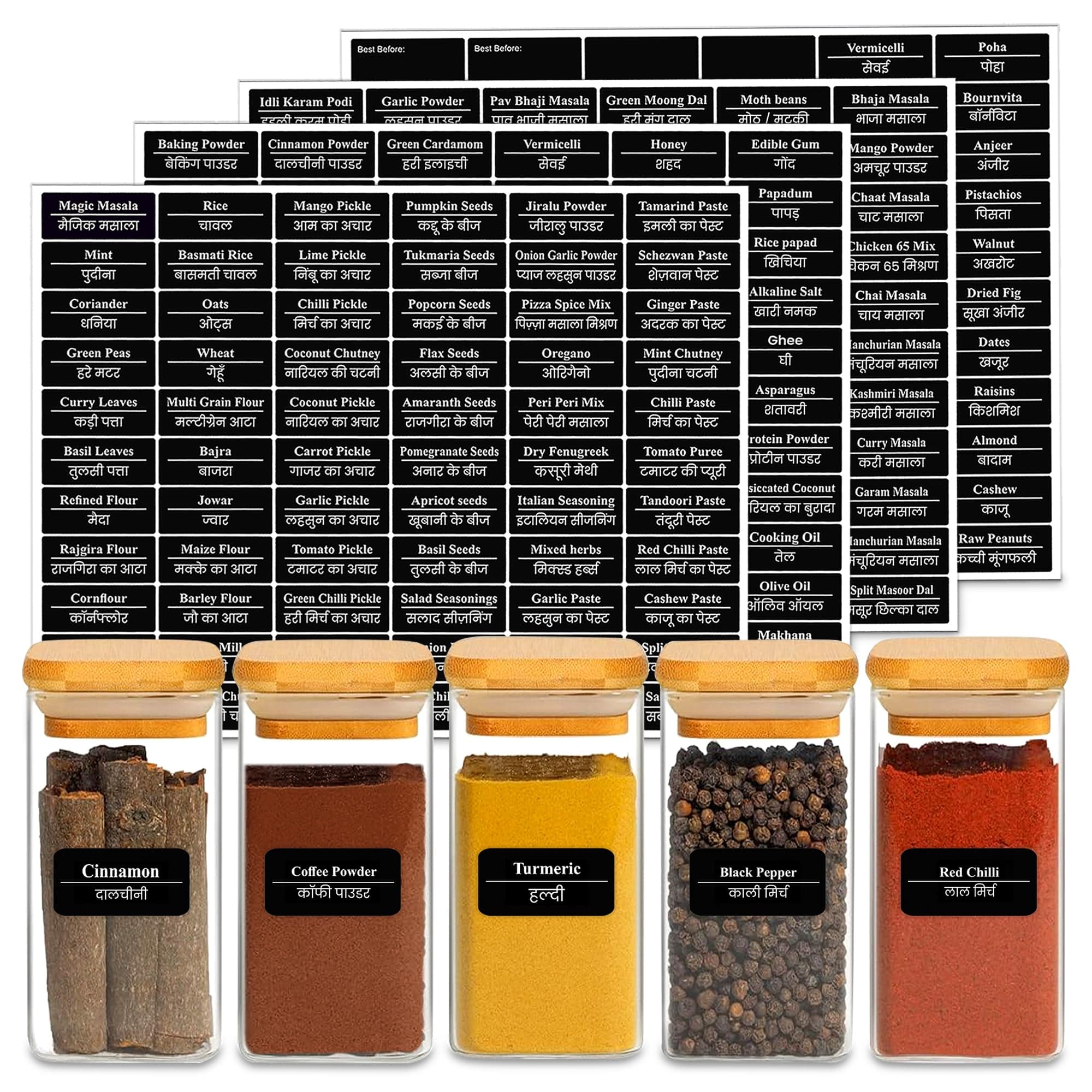 GLUN Pack of 264 Pcs Printed Label Stickers for Kitchen Jars -Waterproof, Pre-Printed Stickers for Kitchen Containers, Maker for Jars and Containers, 264 Labels