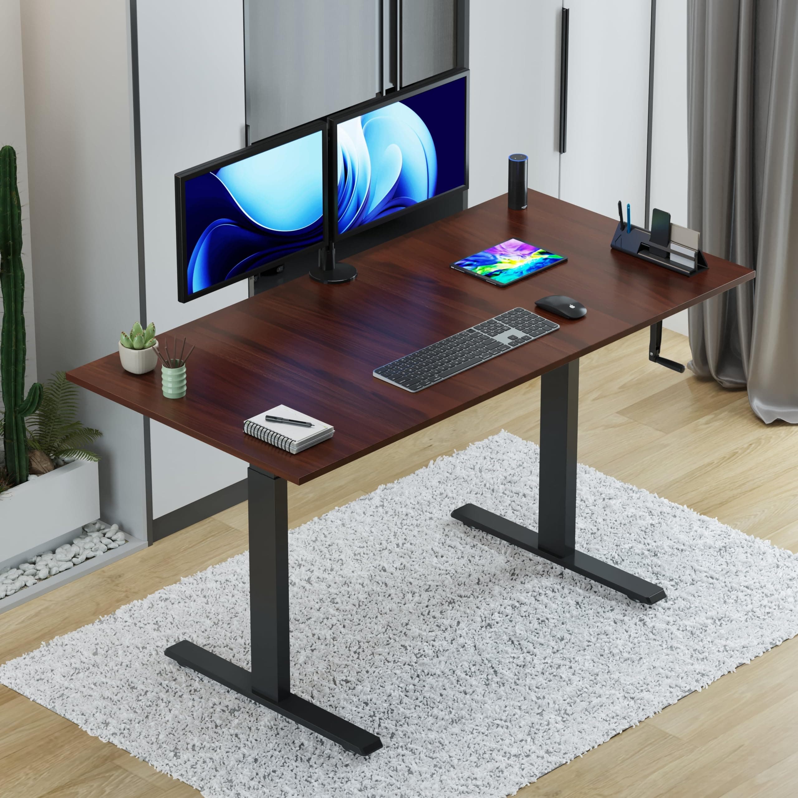 Jin Office Vertex Manual Height Adjustable Table| Adjustable Standing Desk with Hand Crank| Sit Stand Desk| Ergonomic Table for Home,3 Year Warranty,80 Kg Wt. Cap| Black & Brown|1500*750mm/25MM Thick