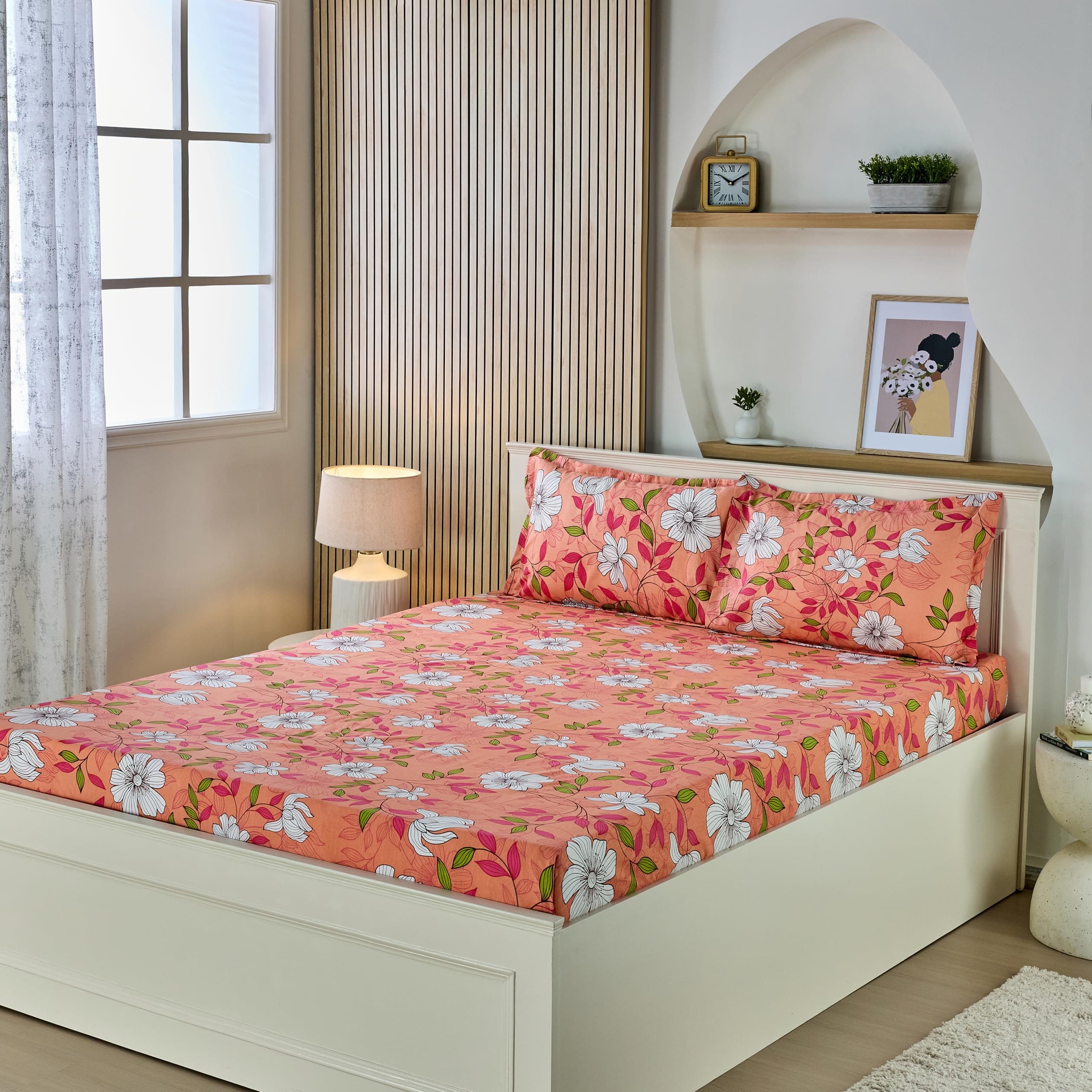 Amazon Brand - Solimo Floral 120 TC Cotton King Size Bedsheet with 2 Pillow Covers | 90x 108 Inch| Pink