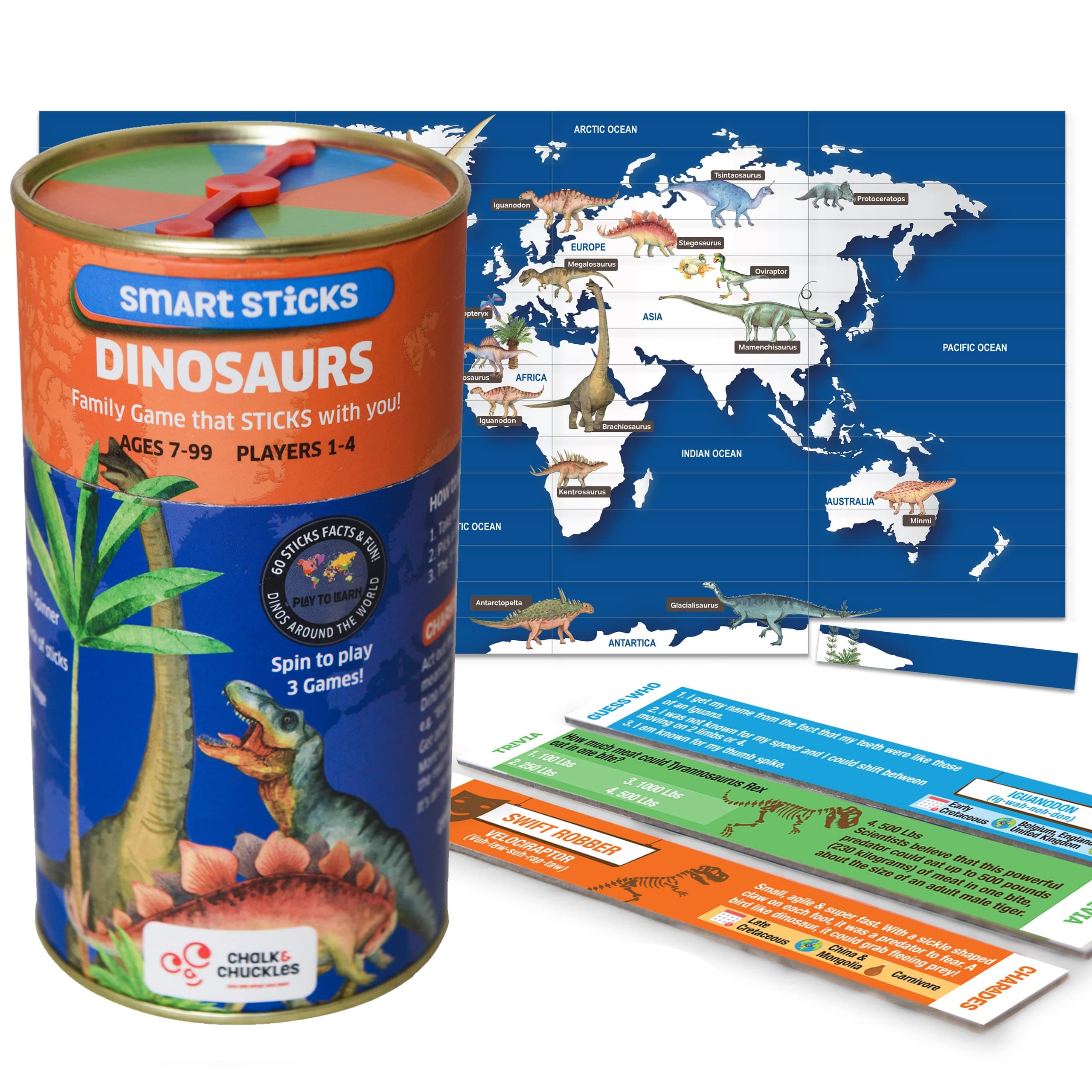 Chalk and Chuckles All Ages Smart Sticks Dinosaurs Trivia Game from Super Fun Family World Map Puzzle | Educational Game for Ages 7 +