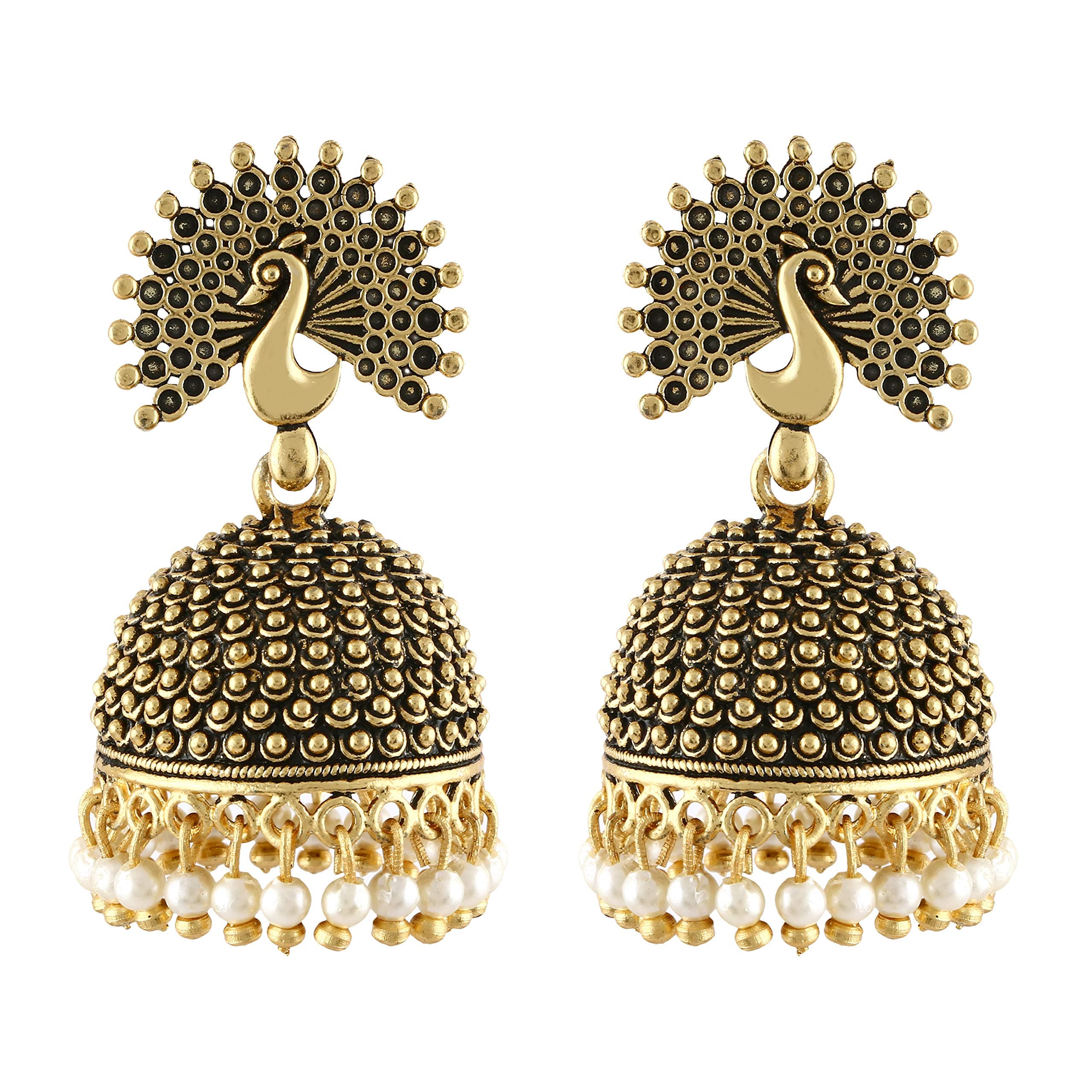 MEENAZ Peacock Jhumkas Jhumka jhumki Earrings set Ear rings For Women girls Ladies Traditional Wedding Temple 22kt Gold oxidised Meenakari Ethnic Antique South Indian Round Pearl Moti Feather