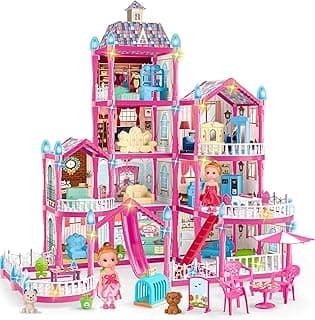 OCTERIC Doll House for Girls ,10 Rooms Pink Doll House with Dolls Figure, Puppies ,Furnitures, Accessories, LED Light, Toddler Playhouse Gift for for 3 4 5 6 7 8 9 10 Year Old Girls Toys (6 House)