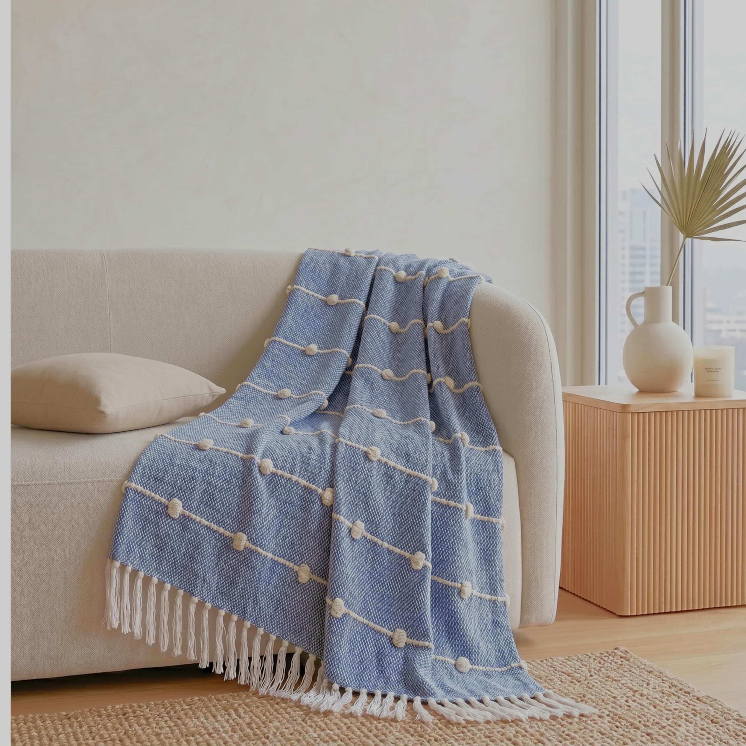 SAJAVAT HOME Hand-Knitted Cotton Sofa Throw | All-Season Throw Blanket for Sofa, Bed, Couch, Chair & Travel | 80×52 Inches (204×132 cm) | Calm Blue with Tassels | Pack of 1