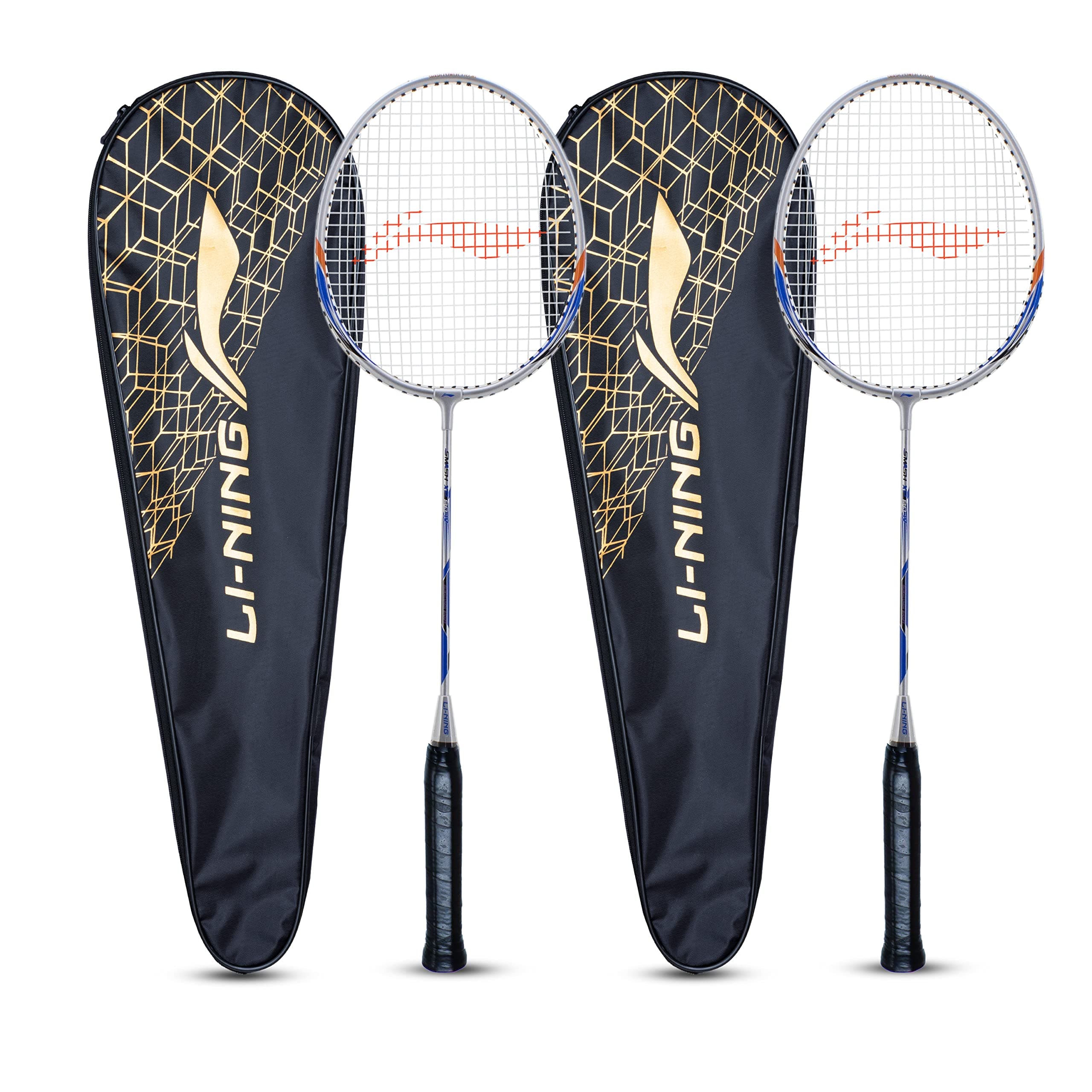 Li-Ning XP - 80 - IV Aluminium Strung Badminton Racket with Full Racket Cover (Grey/Blue, Pack of 2 with 2 Covers) | For Beginners | 95 grams | Maximum String Tension - 20lbs