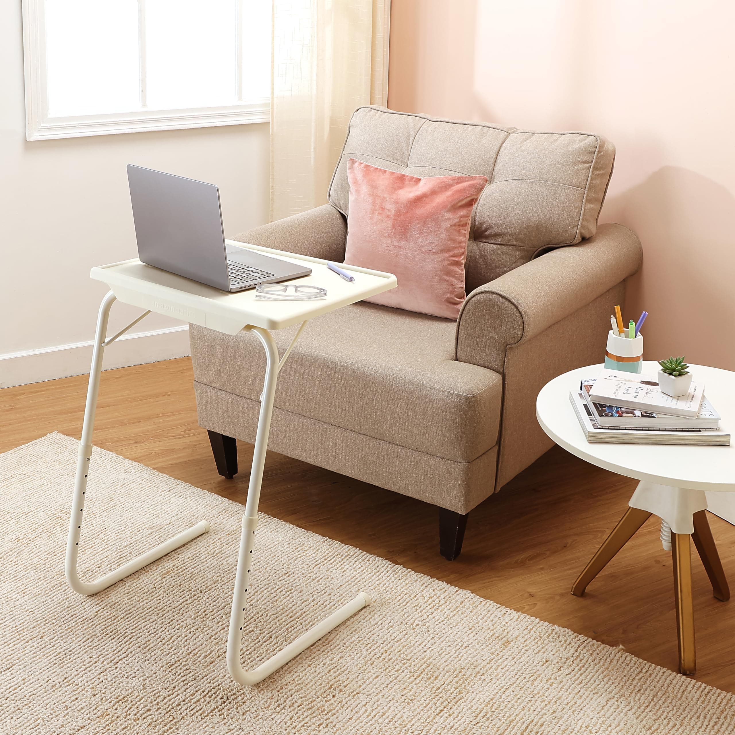Amazon Basics Height Adjustable Laptop Table | Adjustable Table Angle | Alloy Steel | Foldable | White | 73 cm - H, 53 cm - L, 40 cm - W
