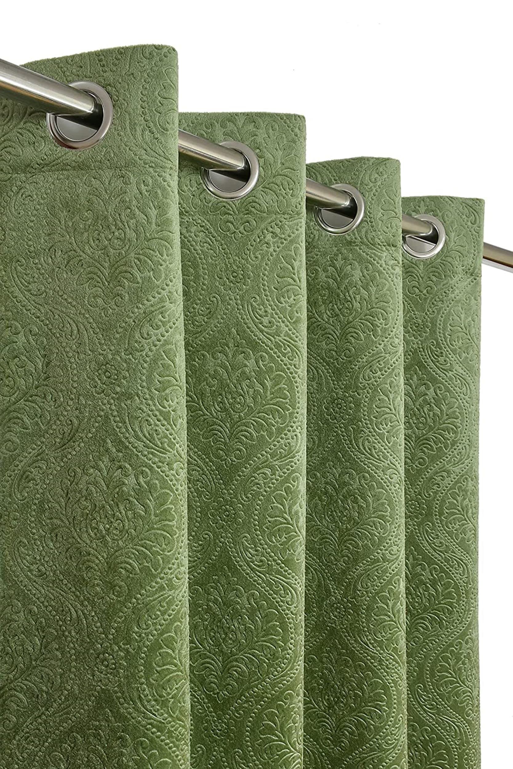 Kiara Creations Velvet Emboss Damas Room Darkening Grommet Curtains for Long Door- 8 Feet (Pack of 2) Green