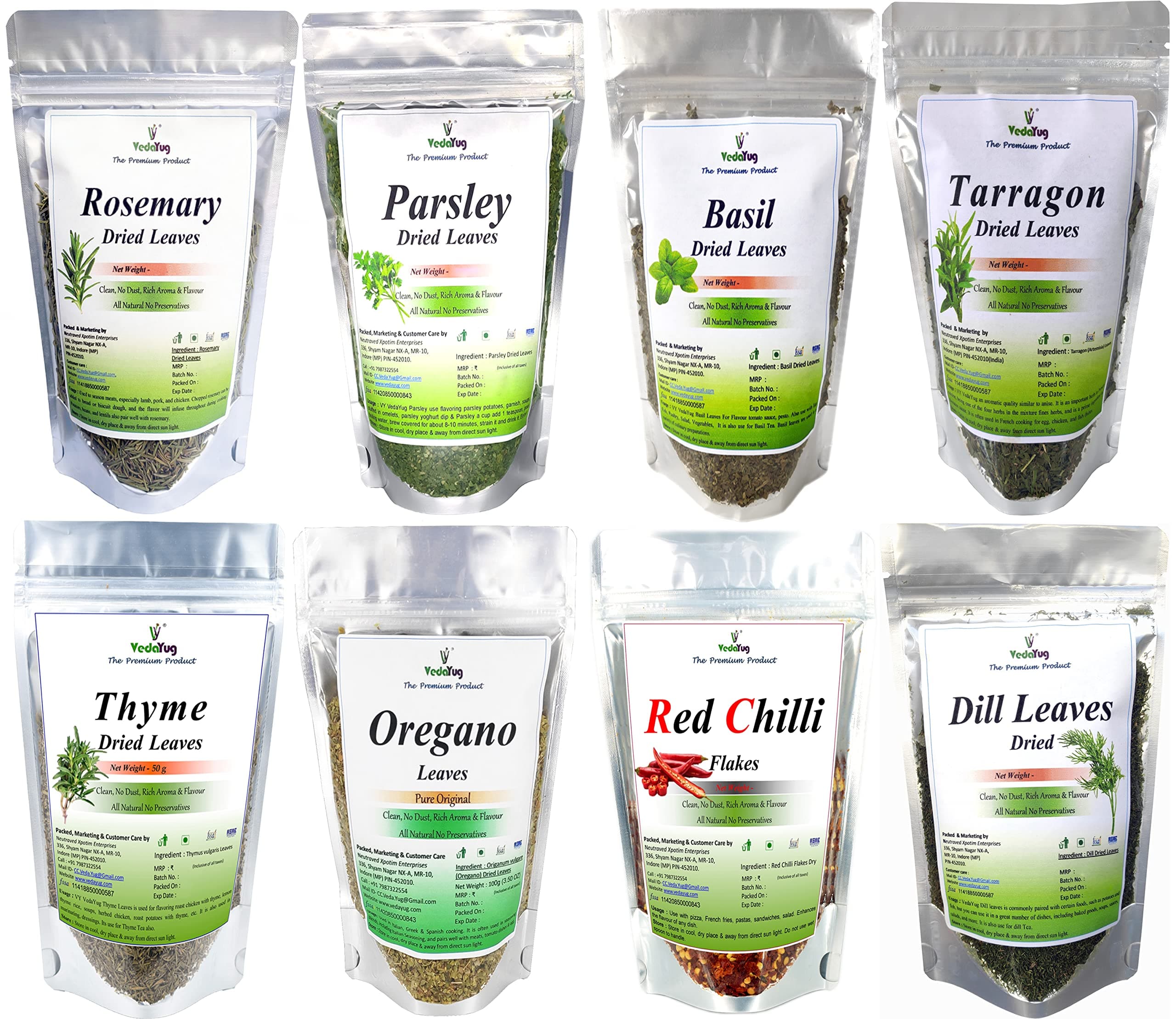 VY VedaYug Dry Herbs Combo Rosemary Dried Leaves 50g Oregnao 35g Chilli Flakes 50g Basil 35g Parsley 30g Thyme Dill 30g Tarragon 25g Seasoning for Pizza/Pasta