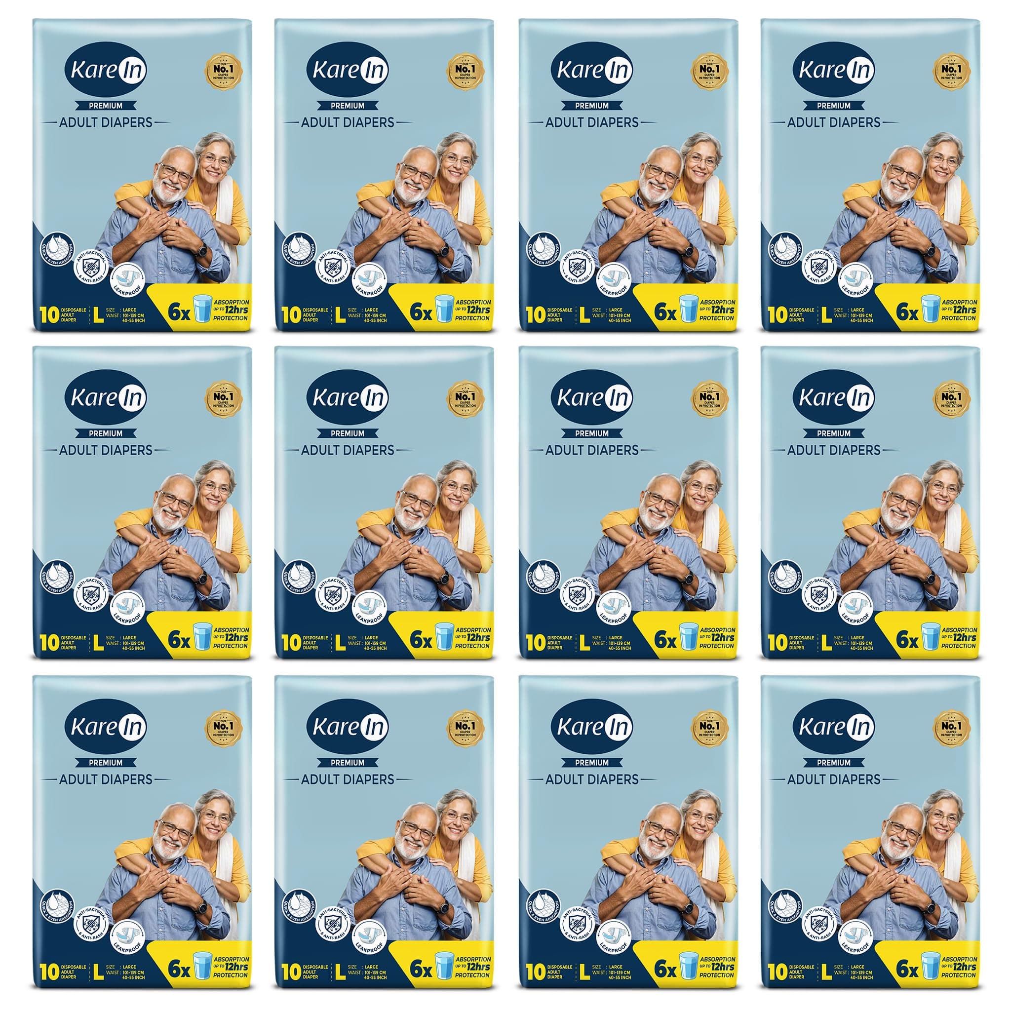 KareIn Premium Adult Diaper Tape L Size, Large, Waist (101-139 cm 40'-55'), 120 Unit, Long Protection Hour, Unisex, Quick & Even Absorption, Anti-Bacterial, Leakproof, Odour Control, Wetness Indicator
