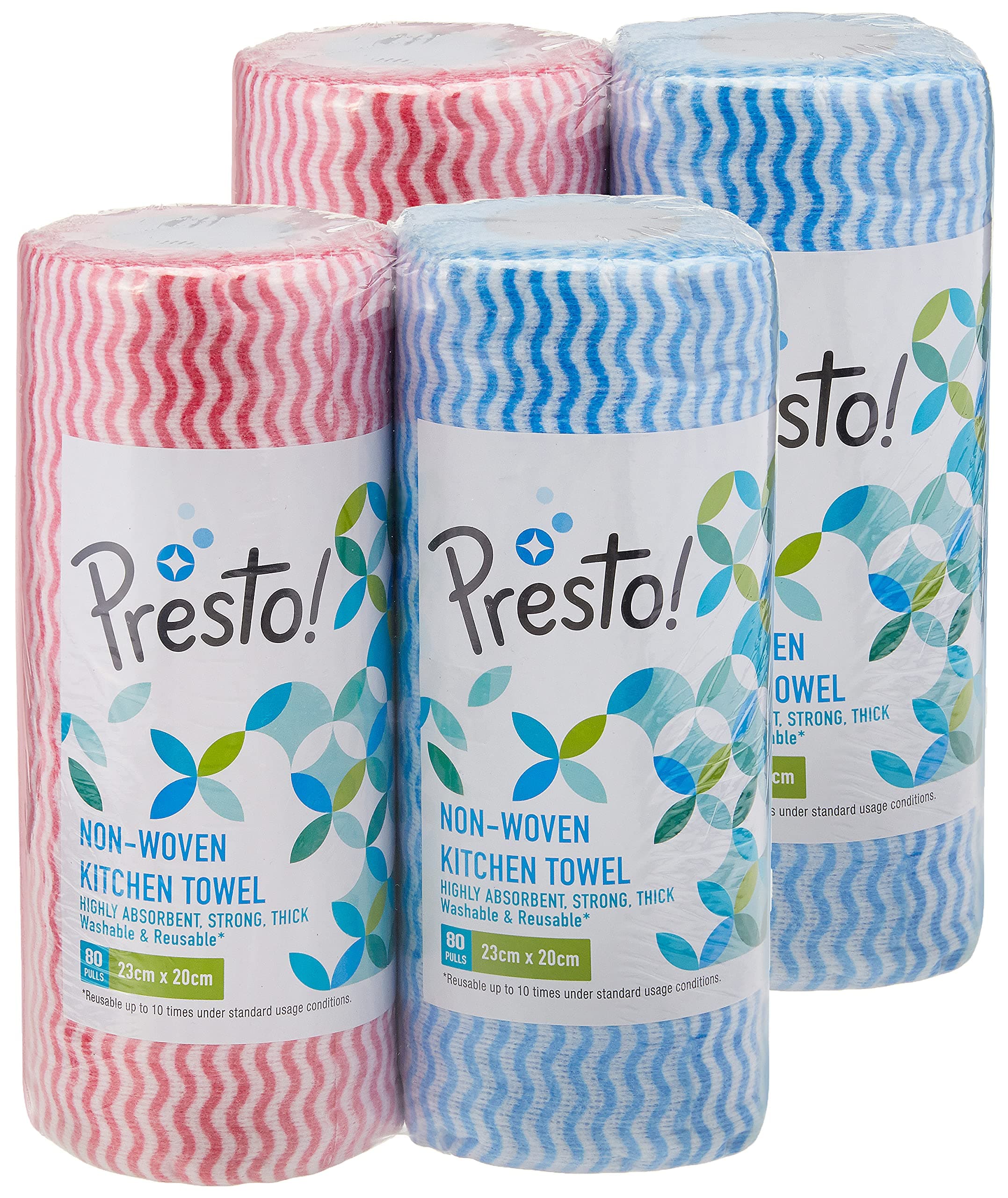 Amazon Brand - Presto! Non-Woven Kitchen Towel Roll | 320 Pulls | 80 Pulls x 4 Rolls | Blue & Red Kitchen Cloth | Food Safe | Lint-free and Residue-Free | Washable and Reusable | Highly Absorbent