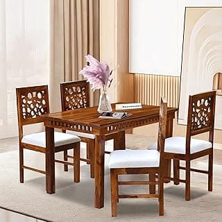 MoonWooden Solid Sheesham Wood 4 Seater Dining Table Set with Cushioned Chairs | Wooden CNC Design Four Seater Dinning Table Furniture for Dining Room, Home, Hotel and Restraunts (Honey Finish)