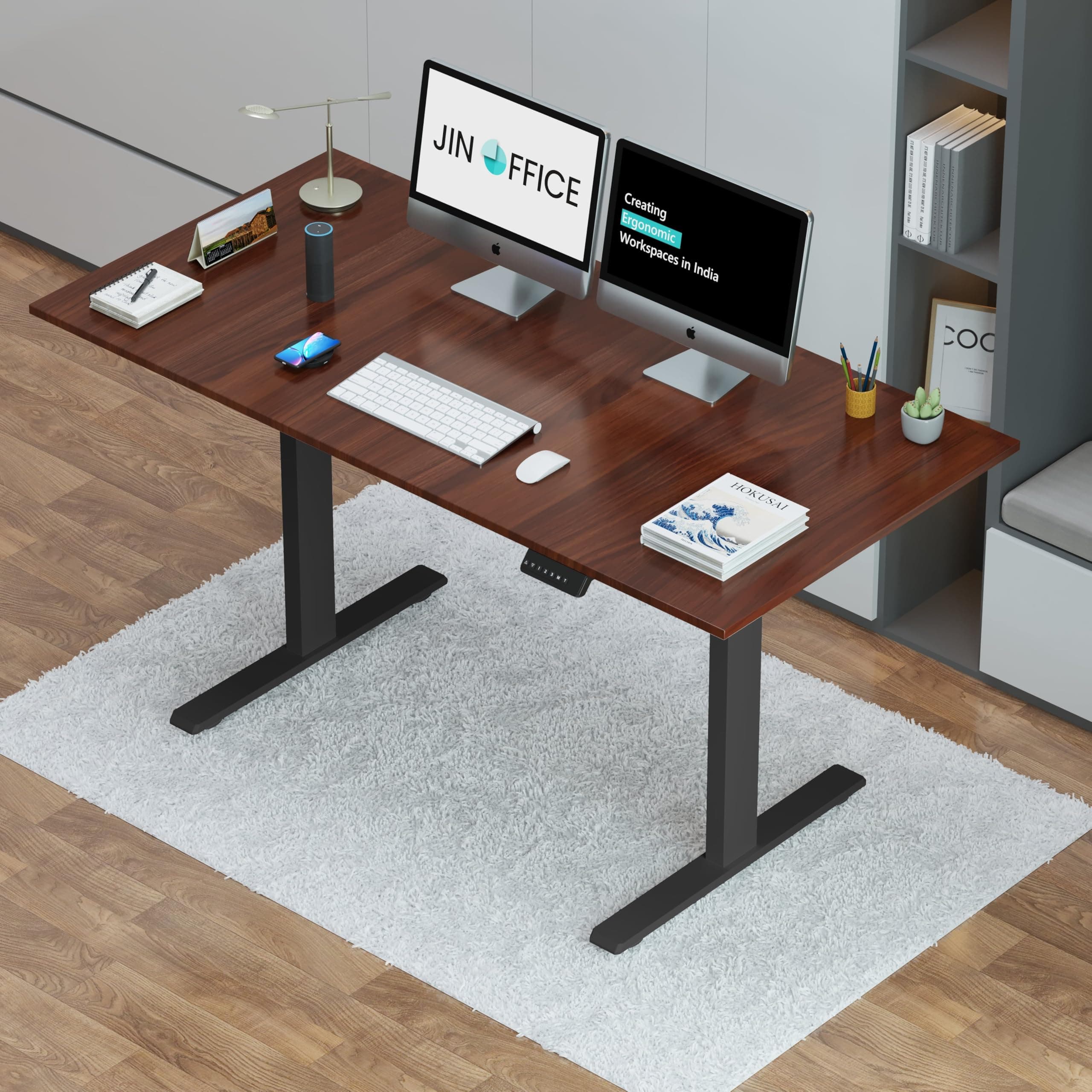 JIN OFFICE Zenith Electric Height Adjustable Desk| Standing Desk with 100 Kg Wt. Capacity & 3 Year Warranty| Sit Stand Table with 3 Memory Preset| Ergonomic Table| Black & Brown|1500X750mm/25MM Thick
