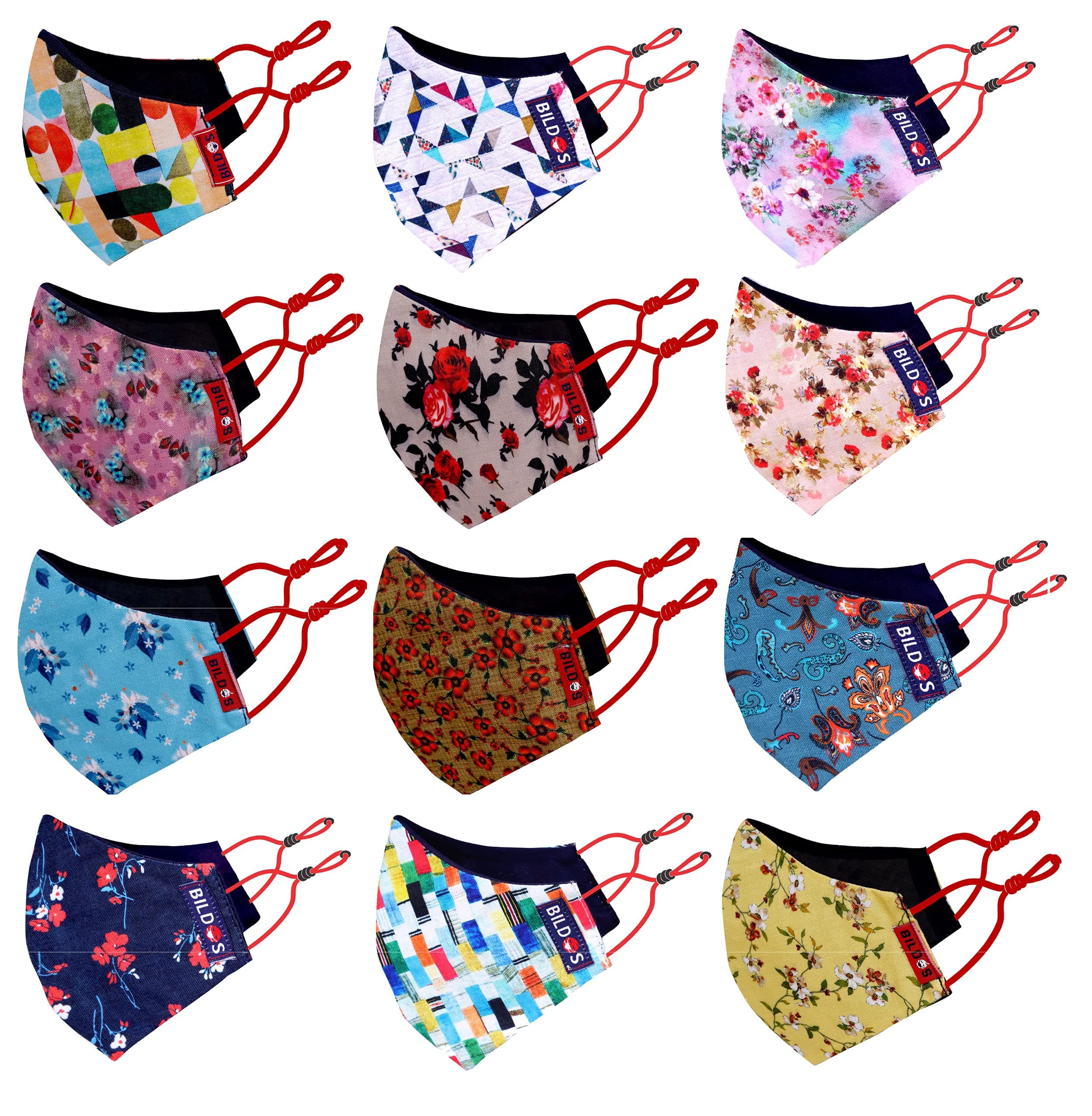 Bildos Cotton Flower & Crystal Printed Cloth Without Valve Super Breathable Reusable Women's & Girl's Face Mask with Adjustable Ear Loop (Multicolour) - Pack of 12