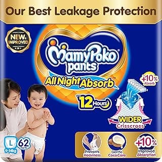 New Mamypoko Pants Premium All Night Absorb| Pant Style Baby Diapers Large Size(L), 62 Count, Ideal for 9-14Kgs|1 Diaper= Upto All Night Absorption now with 10% increased power|Wider Crisscross Sheet|Gentle Coco Care| 12hr Leakage Protection| Prevents Heaviness.