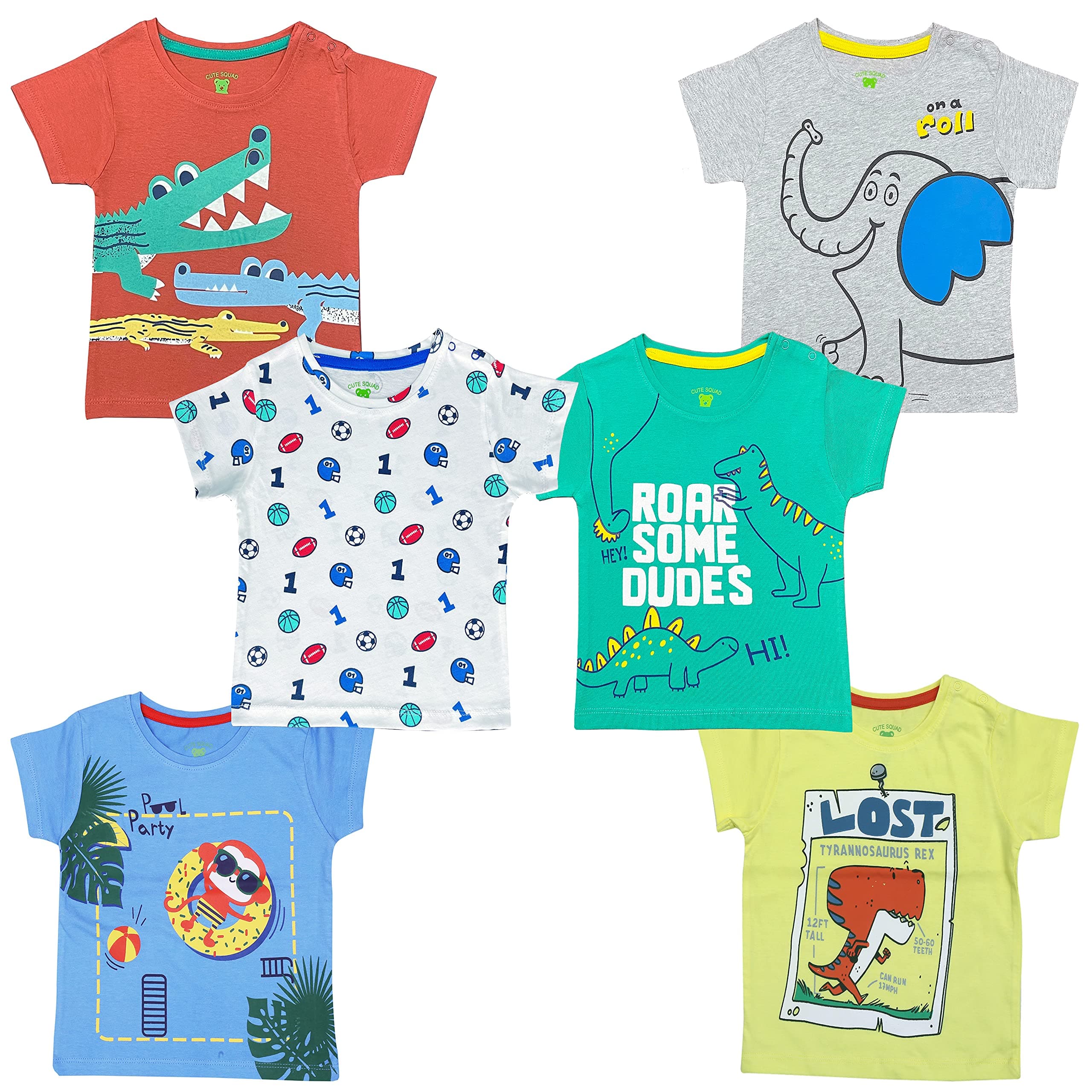 CUTE THREADS Pack of 6 Baby Boys and Girls 100% Cotton Printed Regular fit Tshirts with Shoulder Poppers (0 to 24 Months)