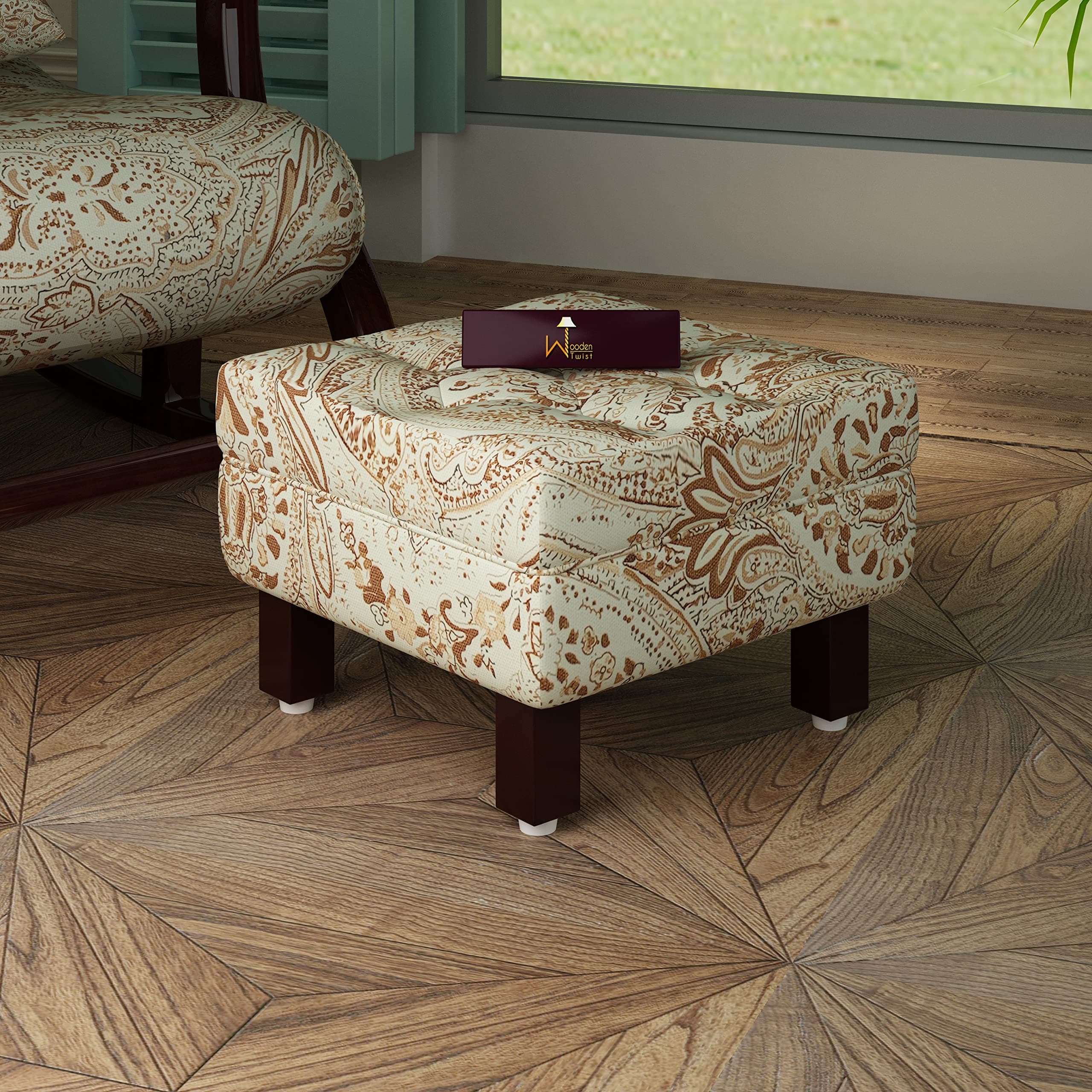 Wooden Twist Reposa Floral Print Wooden Cushioned Footrest Stool (Design-3)