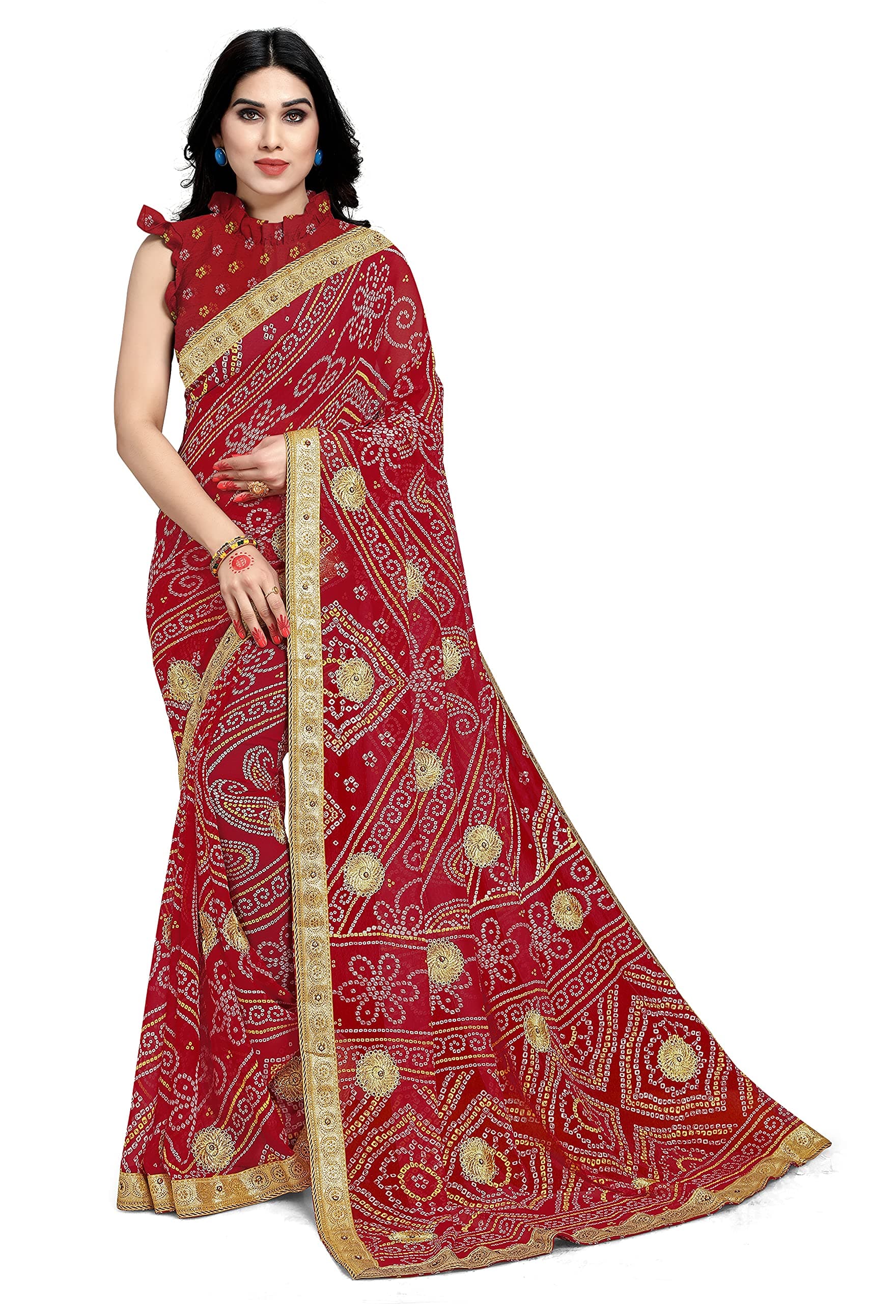 MIRCHI FASHION Women Saree Georgette Traditional Bandhani | Ethnic Printed Sari for Social Gatherings with Unstitched Blouse Piece