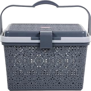 Nayasa Flower Picnic Basket | Plastic Multipurpose Basket With Lid | Rectangle Storage Basket | Sleek & Durable Organizer Basket With Lid | Ideal For Outdoors | Strong & Sturdy Handle | Grey