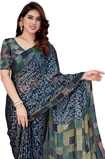 MIRCHI FASHION Women Saree | Chiffon Leaf and Checked Print Professional Office Sari with Blouse